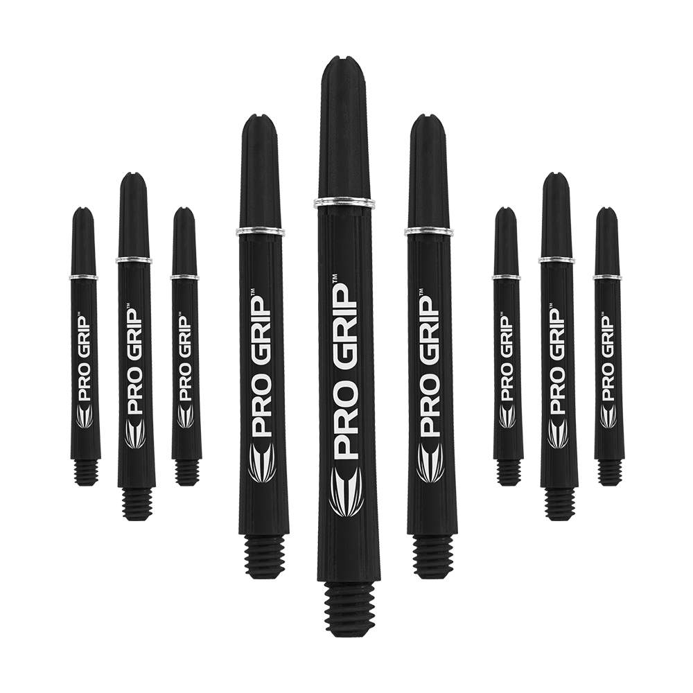 Varillas Target Pro Grip - 3 juegos - Color negro Auf dem Bild sind neun schwarze Pro Grip Dartschäfte zu sehen. Sie sind in drei Reihen angeordnet und auf jedem Schaft steht "PRO GRIP" in weißer Schrift.