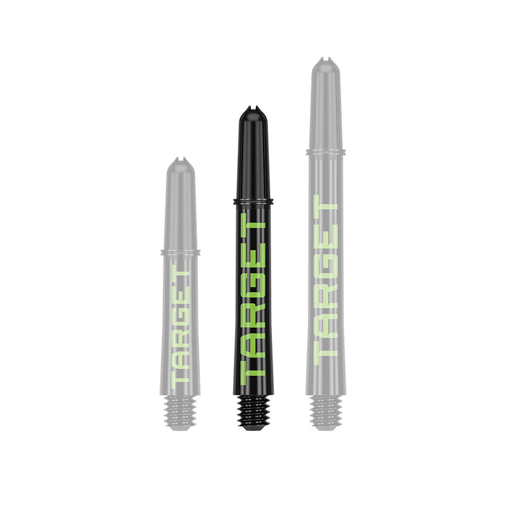Varillas Target Pro Grip TAG - 3 juegos - Negro Verde Auf dem Bild sind drei schwarze Dartschäfte in verschiedenen Längen zu sehen. Auf jedem Schaft steht das Wort "TARGET" in grüner Schrift.