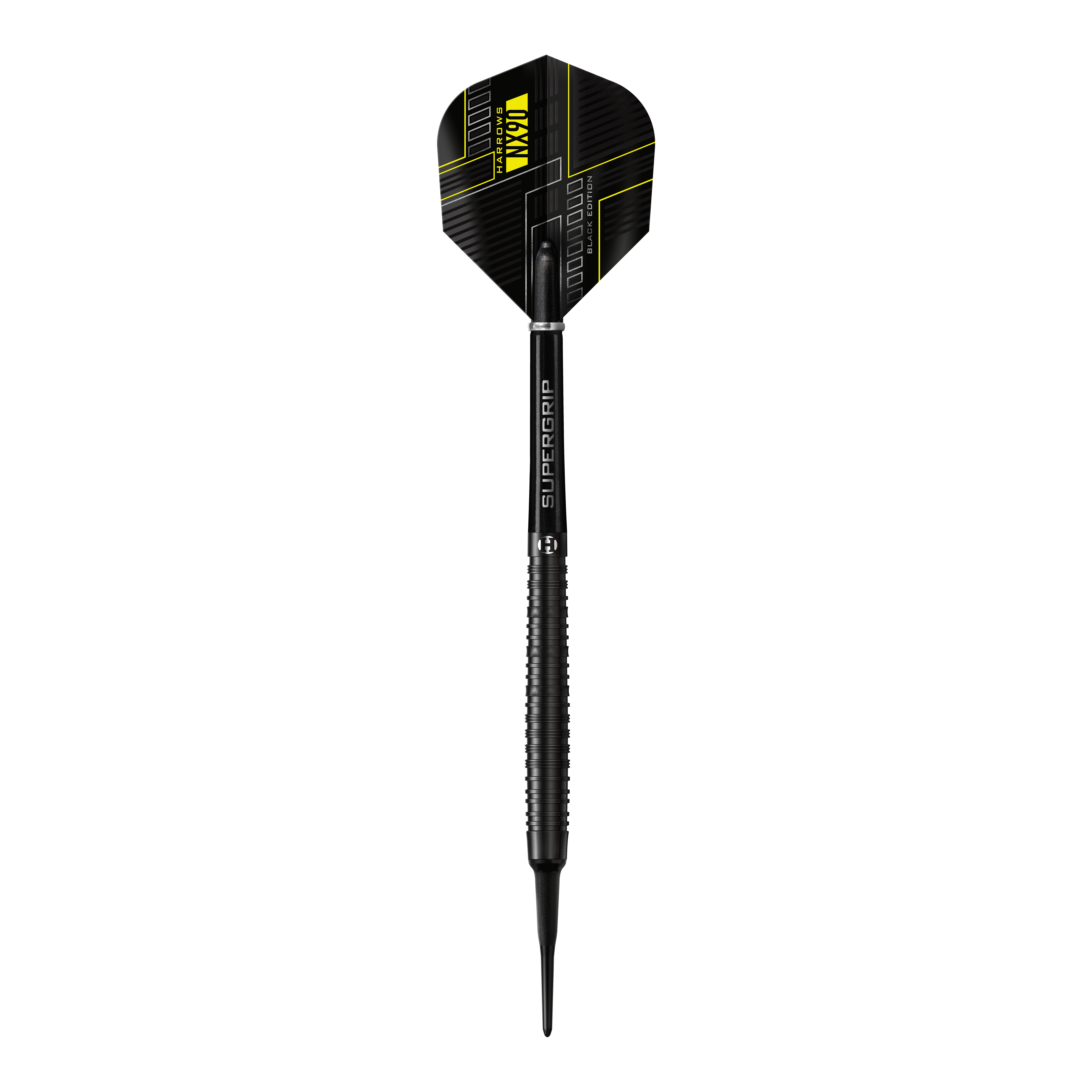 Dardos blandos Harrows NX90 Black Edition Das Bild zeigt einen Harrows NX90 Black-Edition Softdart. Der Dart ist schwarz mit gelben Akzenten und hat ein modernes, technisches Design.