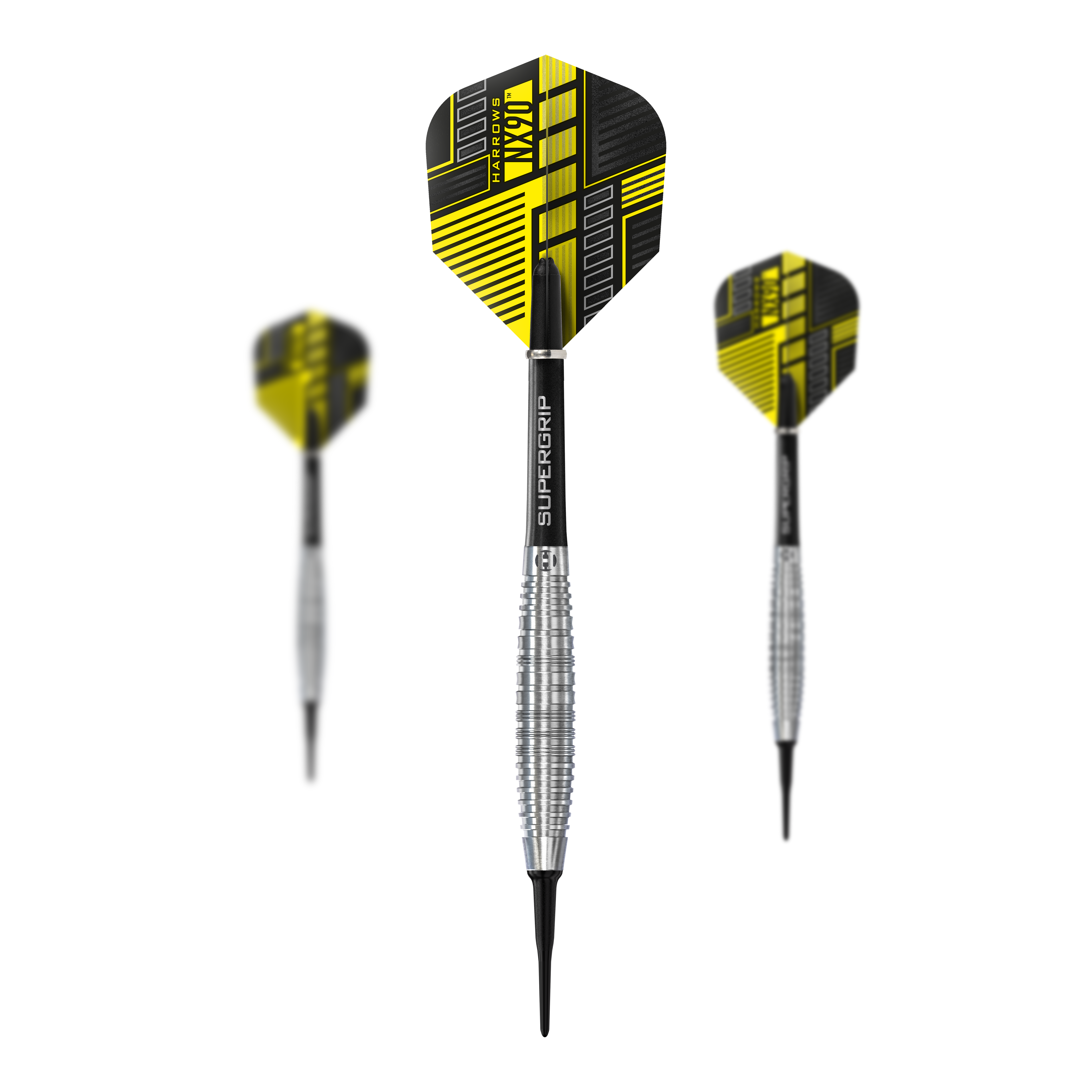Dardos blandos Harrows NX90 Bomb Das Bild zeigt drei Harrows NX90 Bomb Softdarts mit schwarz-gelben Flights. Die Darts haben silberne, geriffelte Griffe und Spitzen aus Kunststoff.