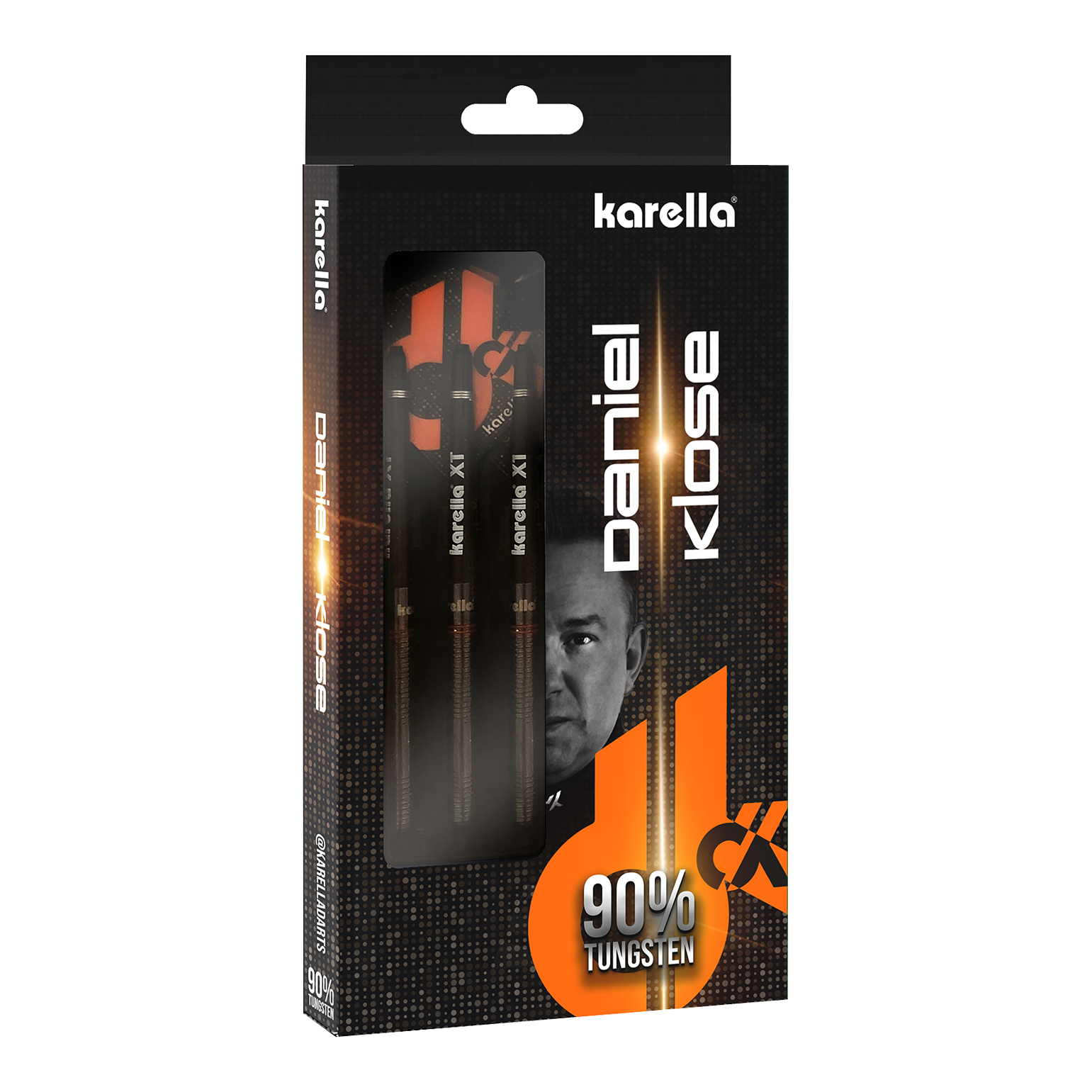 Karella Daniel Klose dardos suaves Auf dem Bild ist die Verpackung der „Karella Daniel Klose Softdarts“ zu sehen. Die Darts bestehen zu 90 % aus Tungsten und werden in einer schwarzen, auffällig gestalteten Box präsentiert.