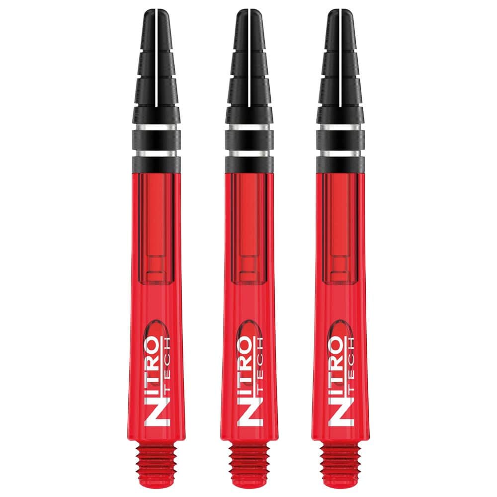 C449_Nitrotech_Medium_Red_V Das Bild zeigt drei rote RedDragon Nitrotech Shafts für Dartpfeile. Auf jedem Schaft steht in weißen Buchstaben "NITRO TECH".