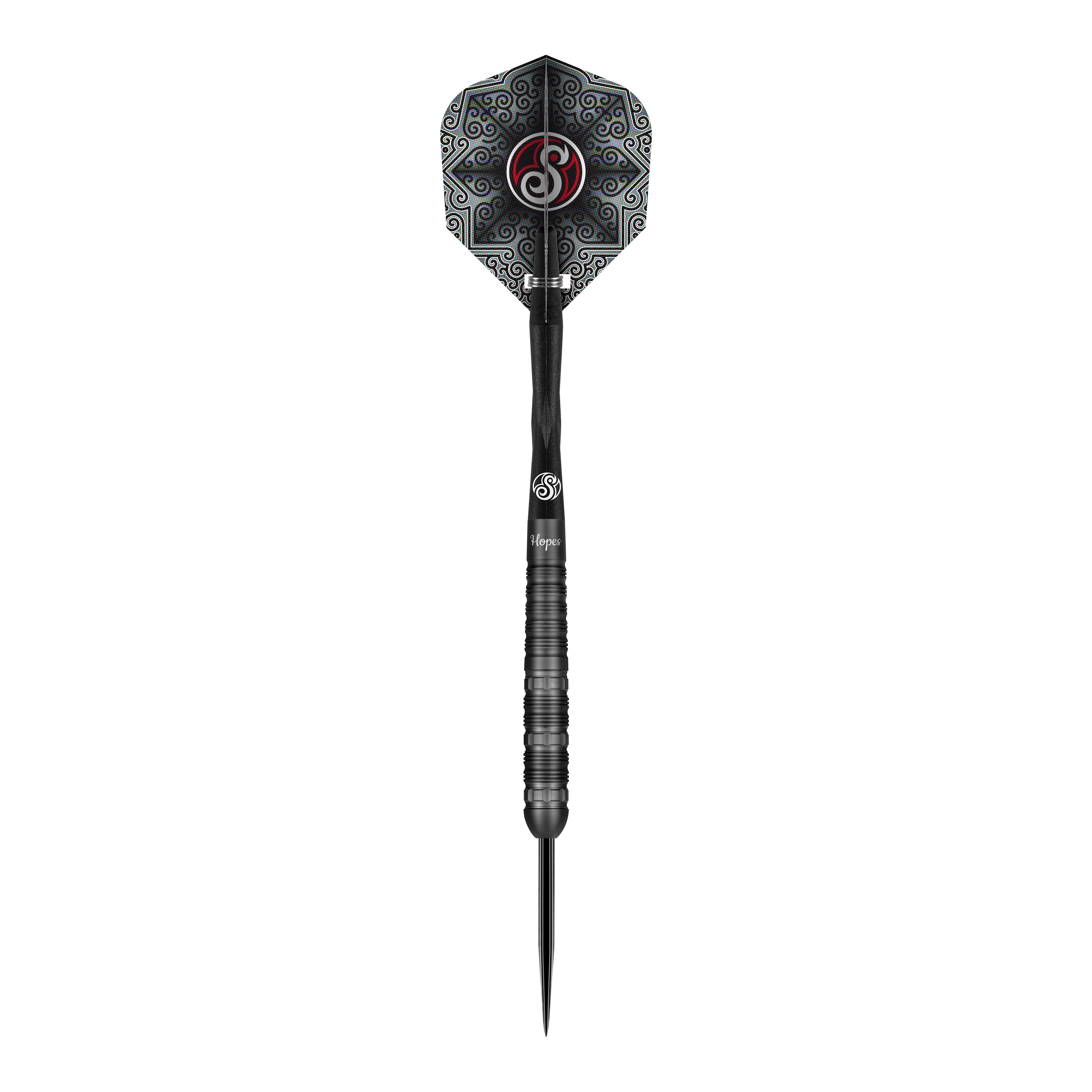 Dardos de acero Shot Pro-Series Haupai Puha 2 - 24 g Das Bild zeigt einen Shot Pro-Series Haupai Puha 2 Steeldart mit einem Gewicht von 24g. Der Dart ist schwarz und hat ein auffälliges, gemustertes Flight-Design.