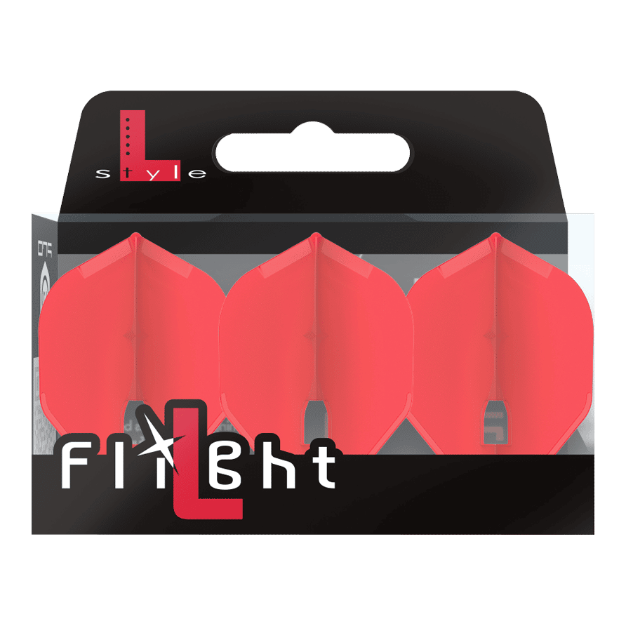 Plumas Estilo L Champán - Estándar L1PRO Auf dem Bild ist eine Verpackung mit drei roten Dartflights zu sehen. Die Marke „L-Style“ und der Schriftzug „Flight“ stehen auf der Vorderseite der Packung.