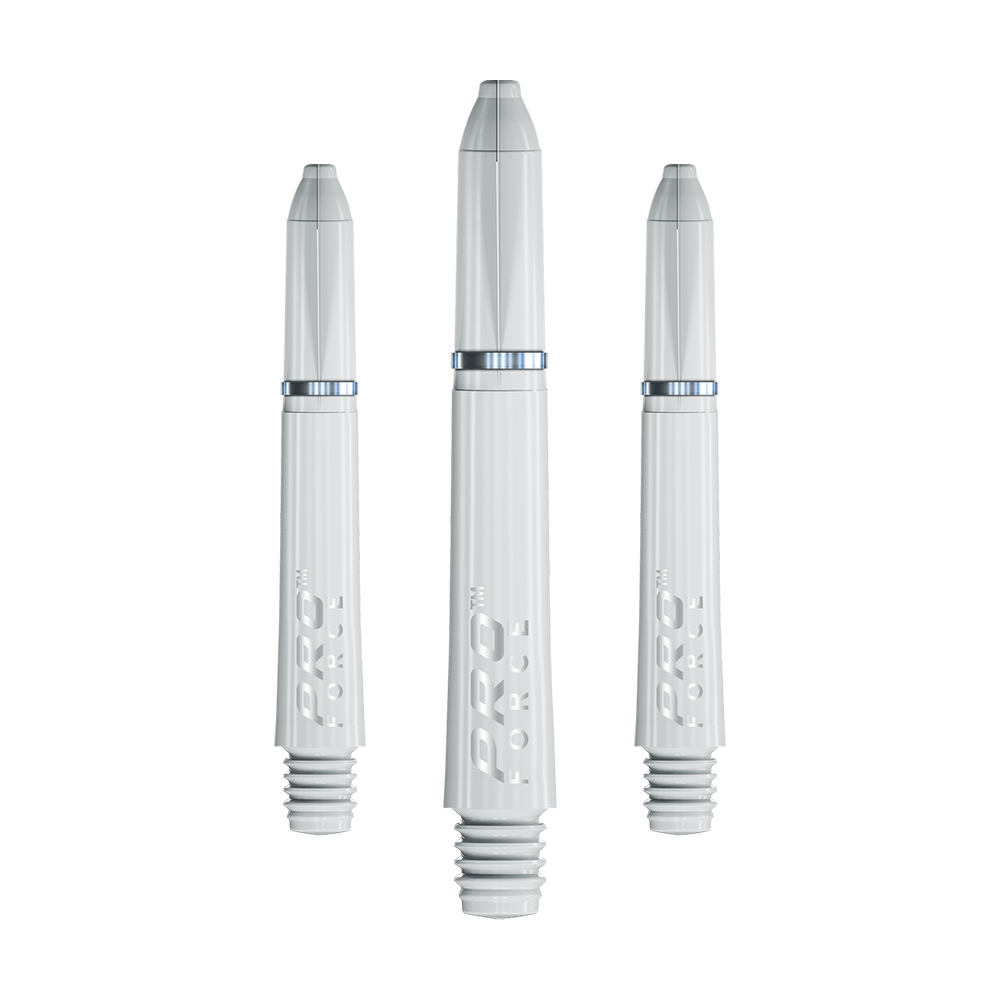 7011_102_Winmau_Pro-Force_Shafts_Weiss_35mm_1OkkvD74Ao3LmW Das Bild zeigt drei weiße Winmau Pro-Force Shafts für Dartpfeile. Die Shafts sind in unterschiedlichen Längen abgebildet und haben die Aufschrift "PRO FORCE".