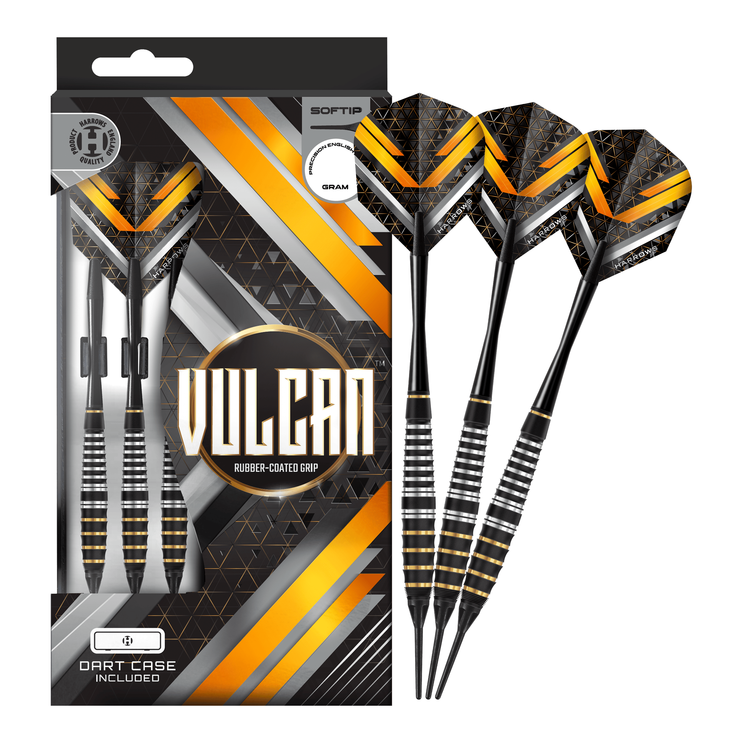 Dieses Bild stellt die Harrows Vulcan Softdarts vollständig dar. Sie bieten sowohl Anfängern als auch Profis optimale Spieleigenschaften.