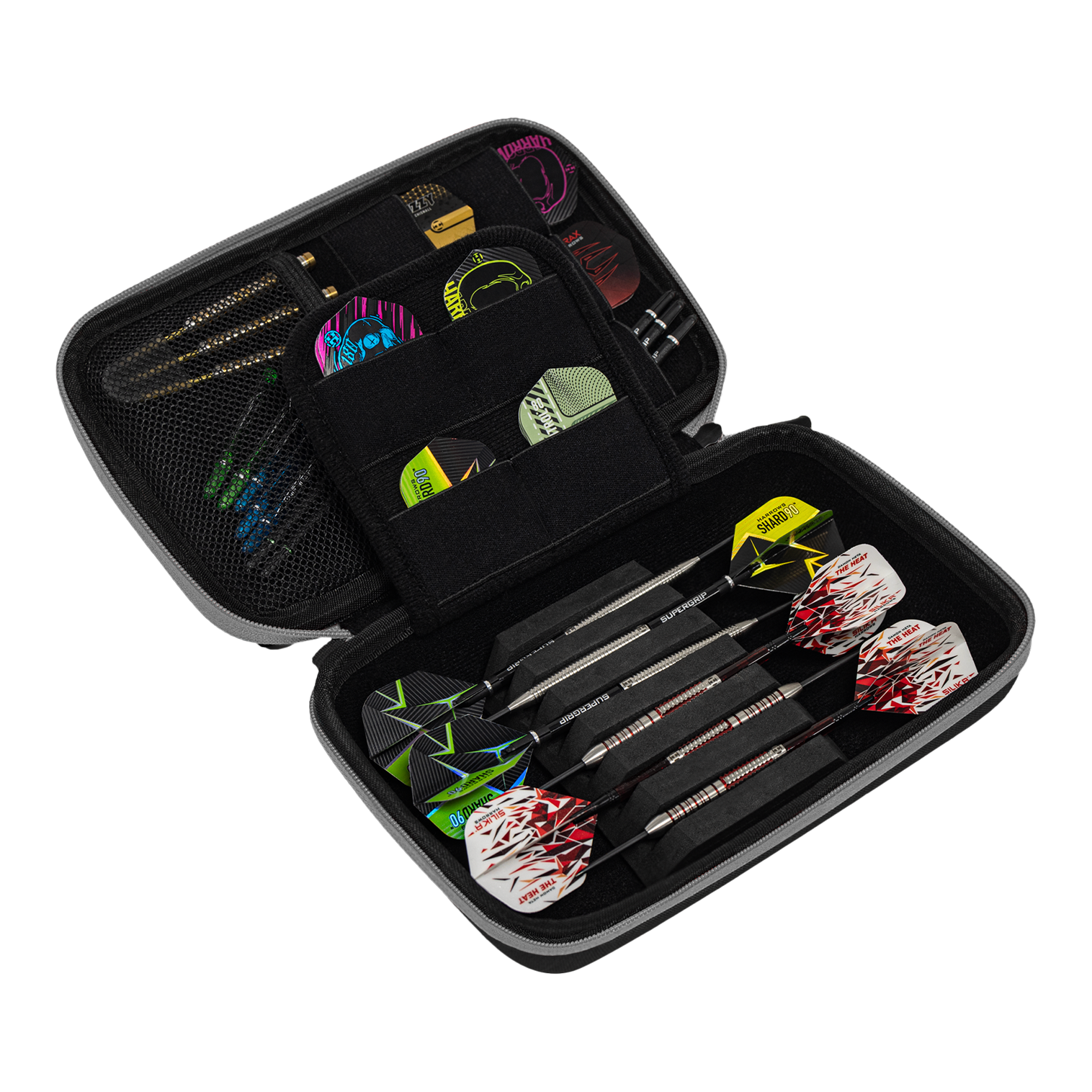 Cartera para dardos Harrows Smart Case XL Das Bild zeigt ein geöffnetes Dart-Etui mit mehreren Darts und Zubehörteilen ordentlich verstaut. Die Aufbewahrungstasche ist schwarz und bietet verschiedene Fächer für Flights und Ersatzteile.