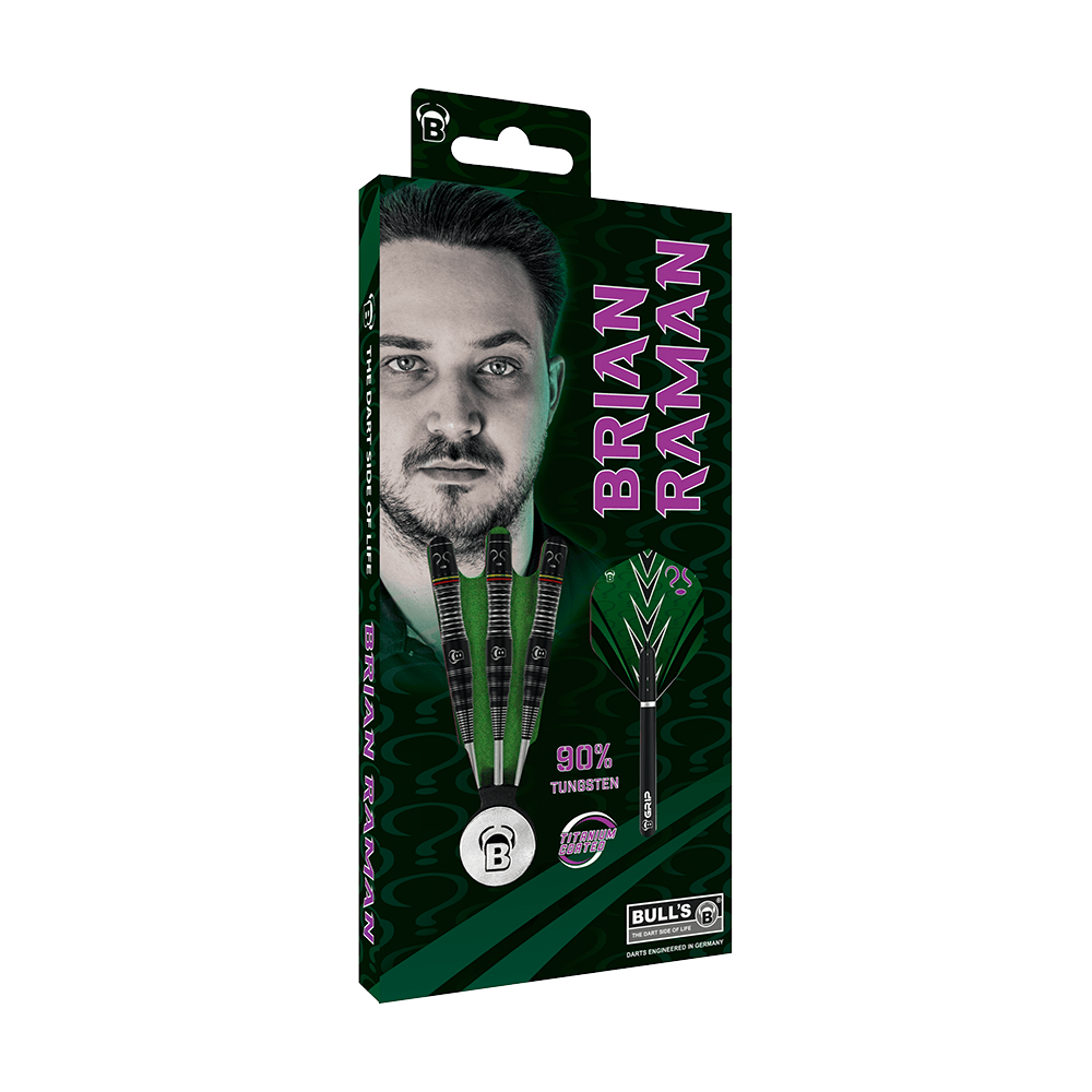 Toros Brian Raman El Acertijo Steeldarts Auf der Verpackung sind drei Steeldarts und das Porträt eines Mannes abgebildet. Der Name "Brian Raman" steht in großen Buchstaben daneben, und es wird 90% Tungsten hervorgehoben.