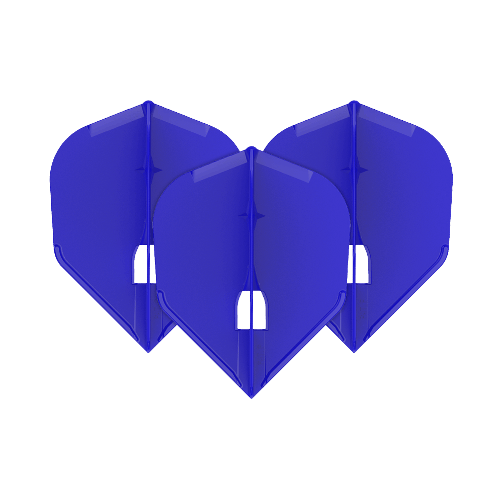 L-Style Flights Champagne - L3PRO Shape Auf dem Bild sind drei blaue Dart-Flights zu sehen. Sie sind nebeneinander angeordnet und haben eine standardisierte, breite Form.