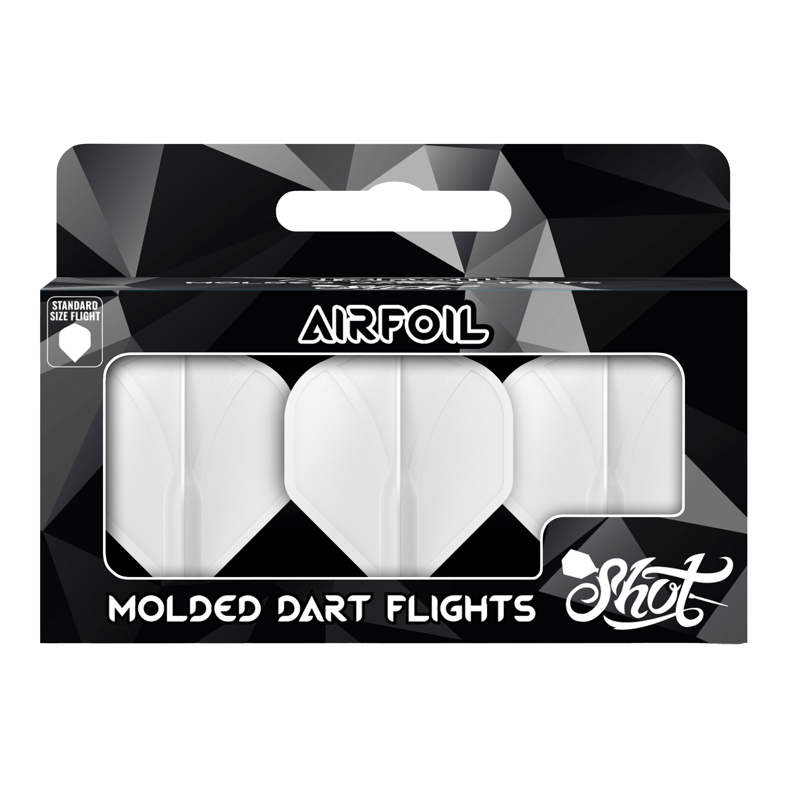 Perfil aerodinámico moldeado No2 Vuelos estándar Die Verpackung zeigt drei weiße, geformte Dart-Flights der Marke Shot. Auf der Vorderseite steht „Airfoil – Molded Dart Flights“ in großen Buchstaben.