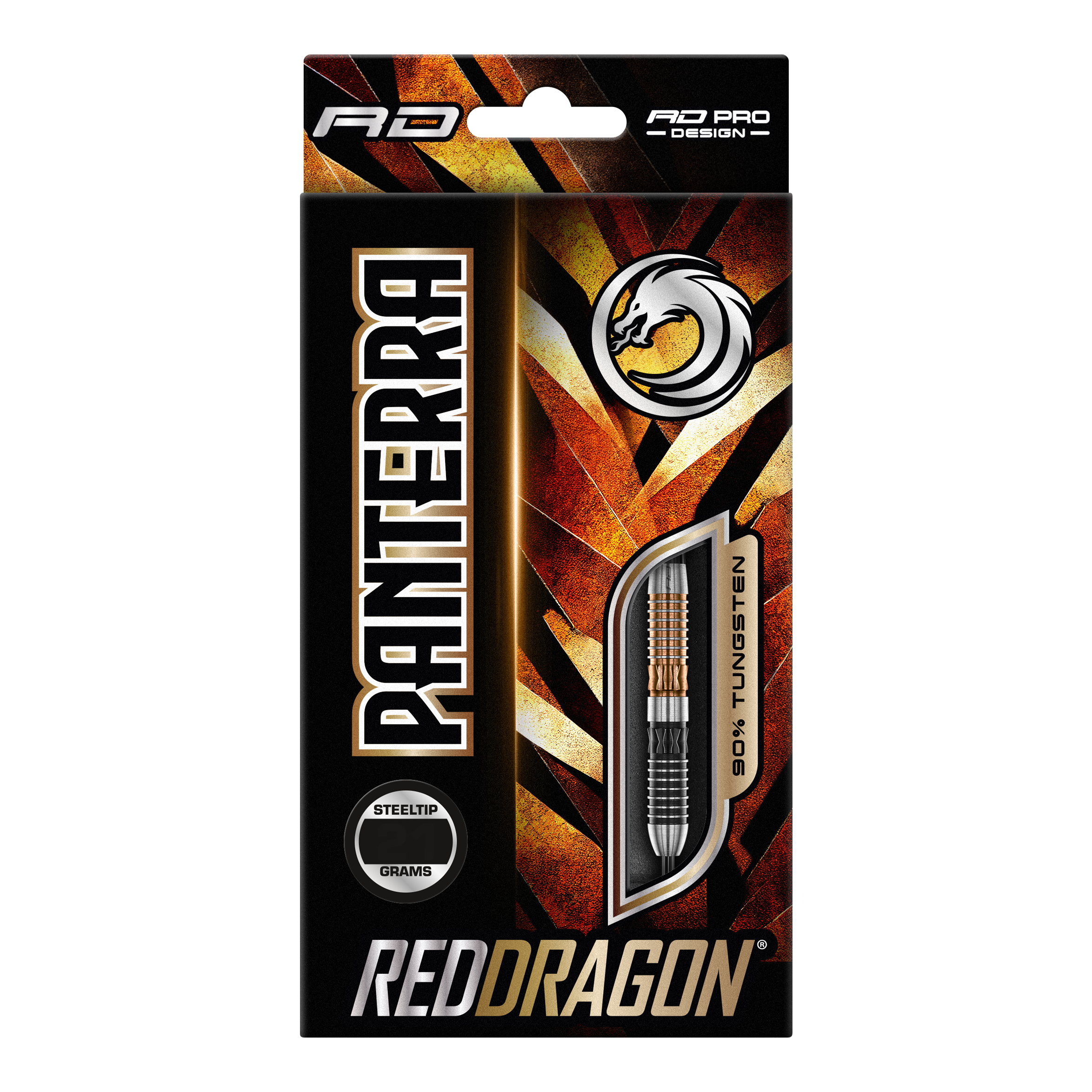 Dardos de acero Red Dragon Panterra Die Abbildung zeigt die Verpackung der "Red Dragon Panterra Steeldarts". Das Design ist auffällig mit goldenen und schwarzen Farben gestaltet und hebt den Dart mit 90% Tungsten-Anteil hervor.