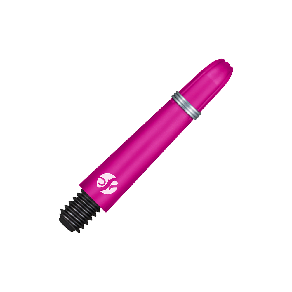 Flechas de carbono Shot Koi - Rosa Das Bild zeigt einen pinkfarbenen Dartshaft mit Schraubgewinde. Der Schaft hat einen silbernen Ring und ein weißes Logo.
