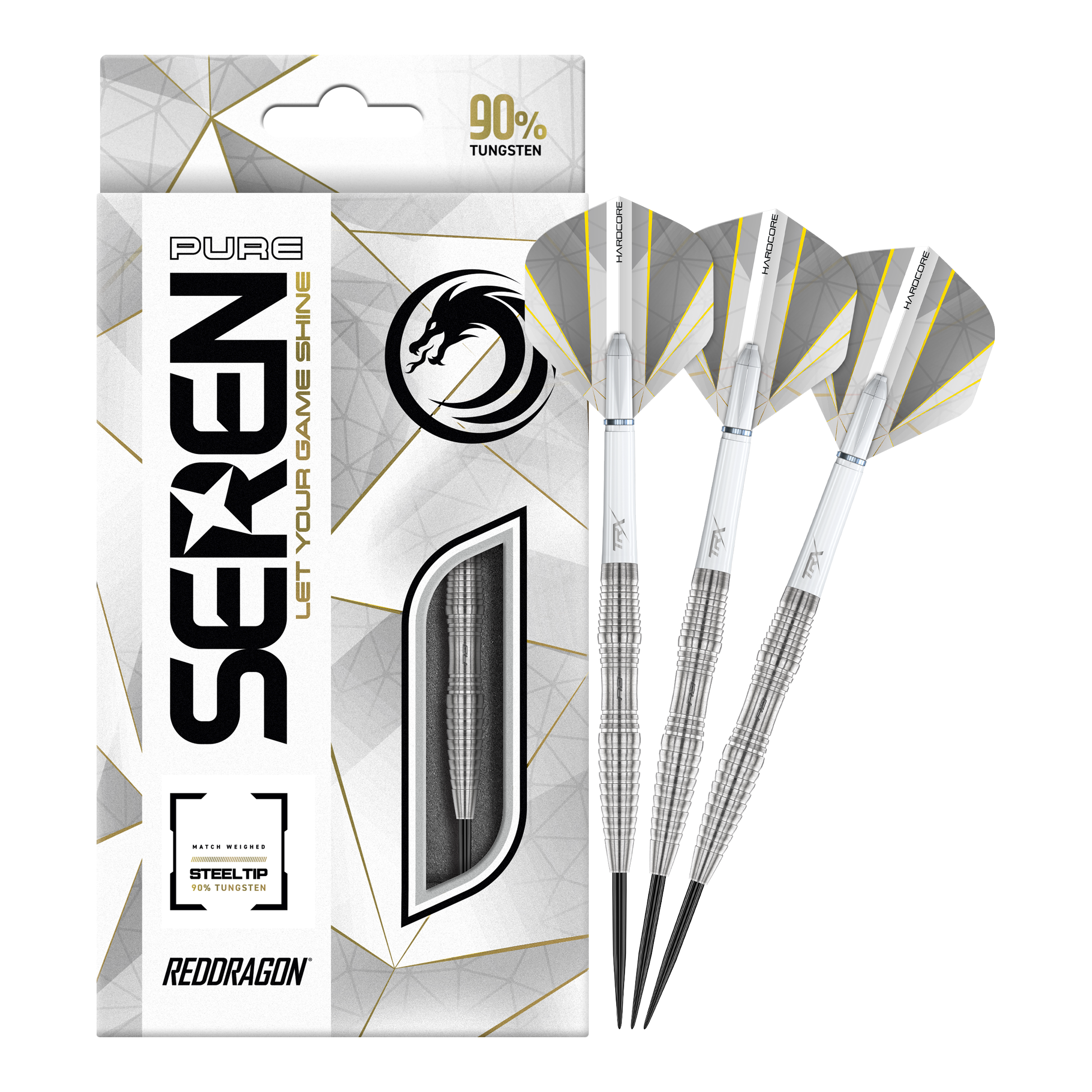 Red Dragon Seren 3 Dardos de Acero Puro Auf dem Bild sind die "Red Dragon Seren 3 Pure Steeldarts" zu sehen. Die Verpackung und drei silberne Steeldarts mit weißen Flights sind abgebildet.