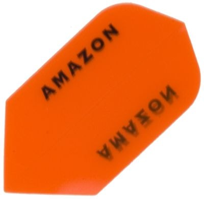 a26 Das Bild zeigt das Produkt „Amazon Flights A26“. Es ist ein orangefarbenes Dartflight mit dem schwarzen Schriftzug „AMAZON“.