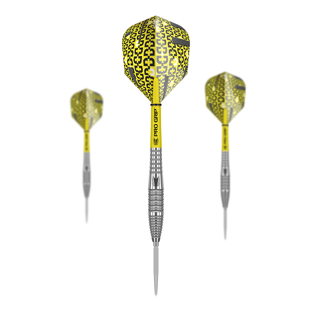 Dardos de acero Target Bolide 05 Swiss Point Das Bild zeigt drei Target Bolide 05 Swiss Point Steeldarts mit gelben Flights und silbernen Spitzen. Die Darts haben auffällige Pro Grip Schäfte und ein modernes Design.