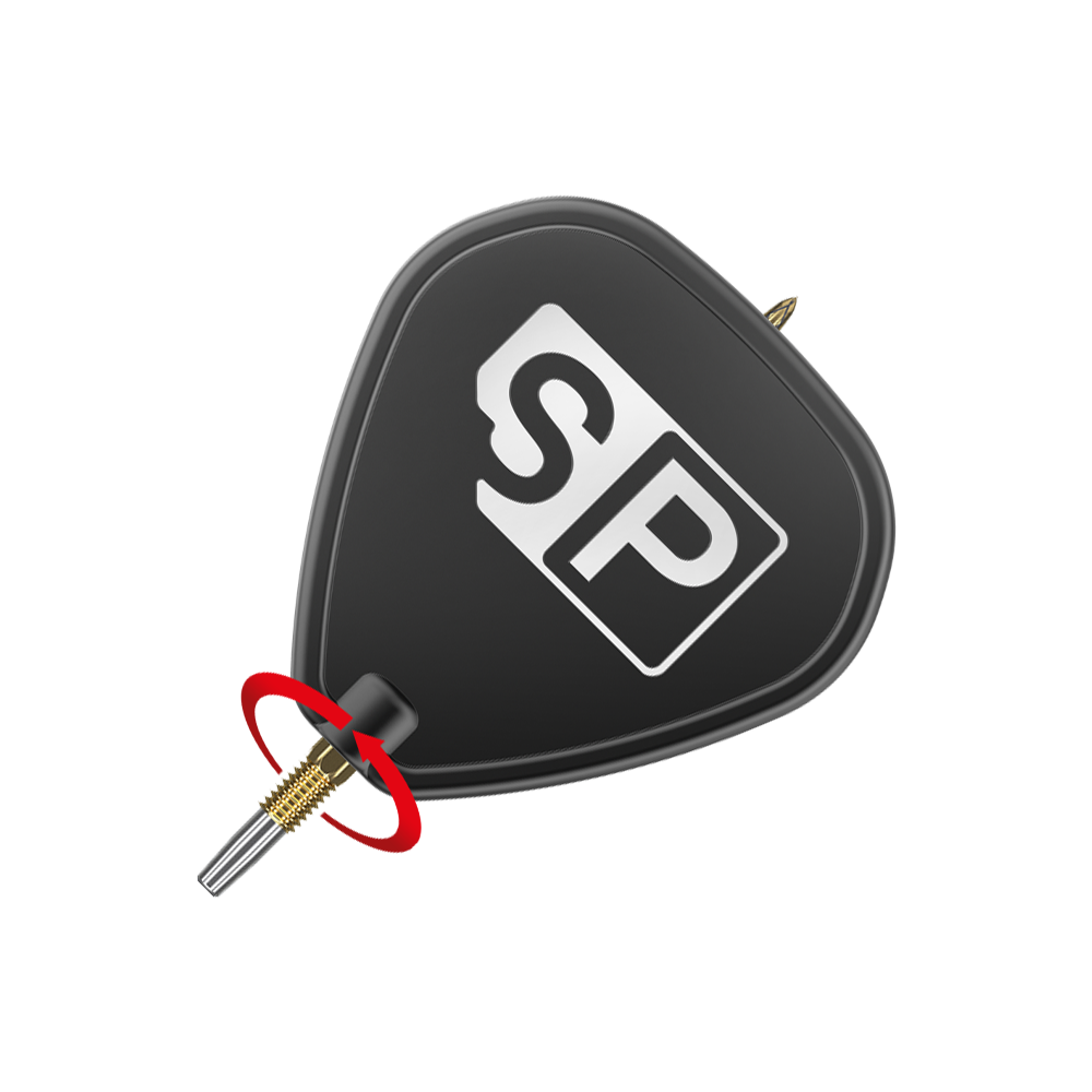 Puntas de dardos Target Swiss Point DX - dorado Das Bild zeigt eine schwarze Dartspitze mit der Aufschrift "SP" in weißen Buchstaben. Ein roter Pfeil deutet auf eine Drehbewegung an der goldenen Spitze hin.
