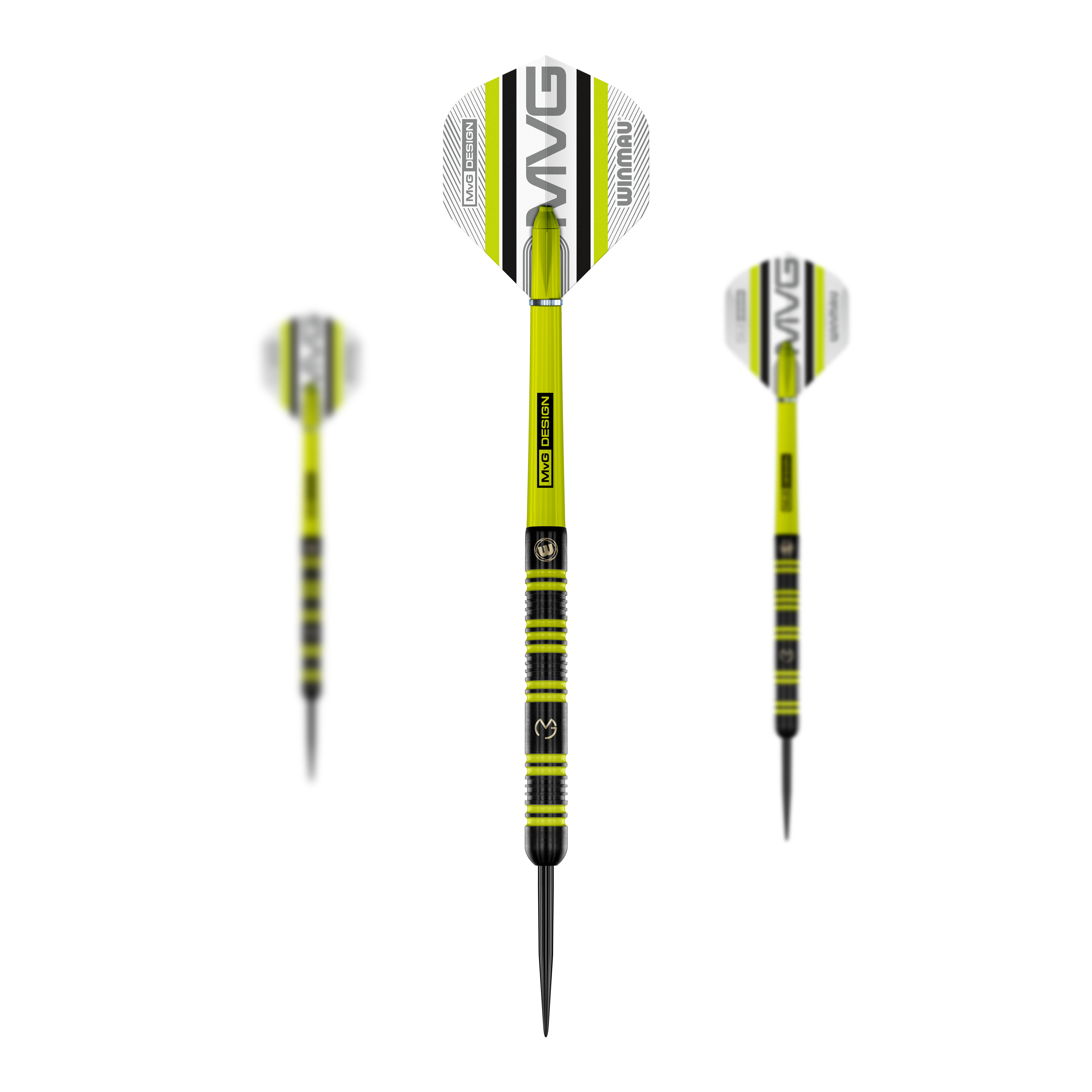 Dardos de acero Winmau Michael Van Gerwen 85 Pro-Series Das Bild zeigt drei Winmau Michael Van Gerwen 85 Pro-Series Steeldarts. Die Darts sind schwarz-gelb gestaltet und haben Flights mit dem Schriftzug "MVG" und "Winmau".