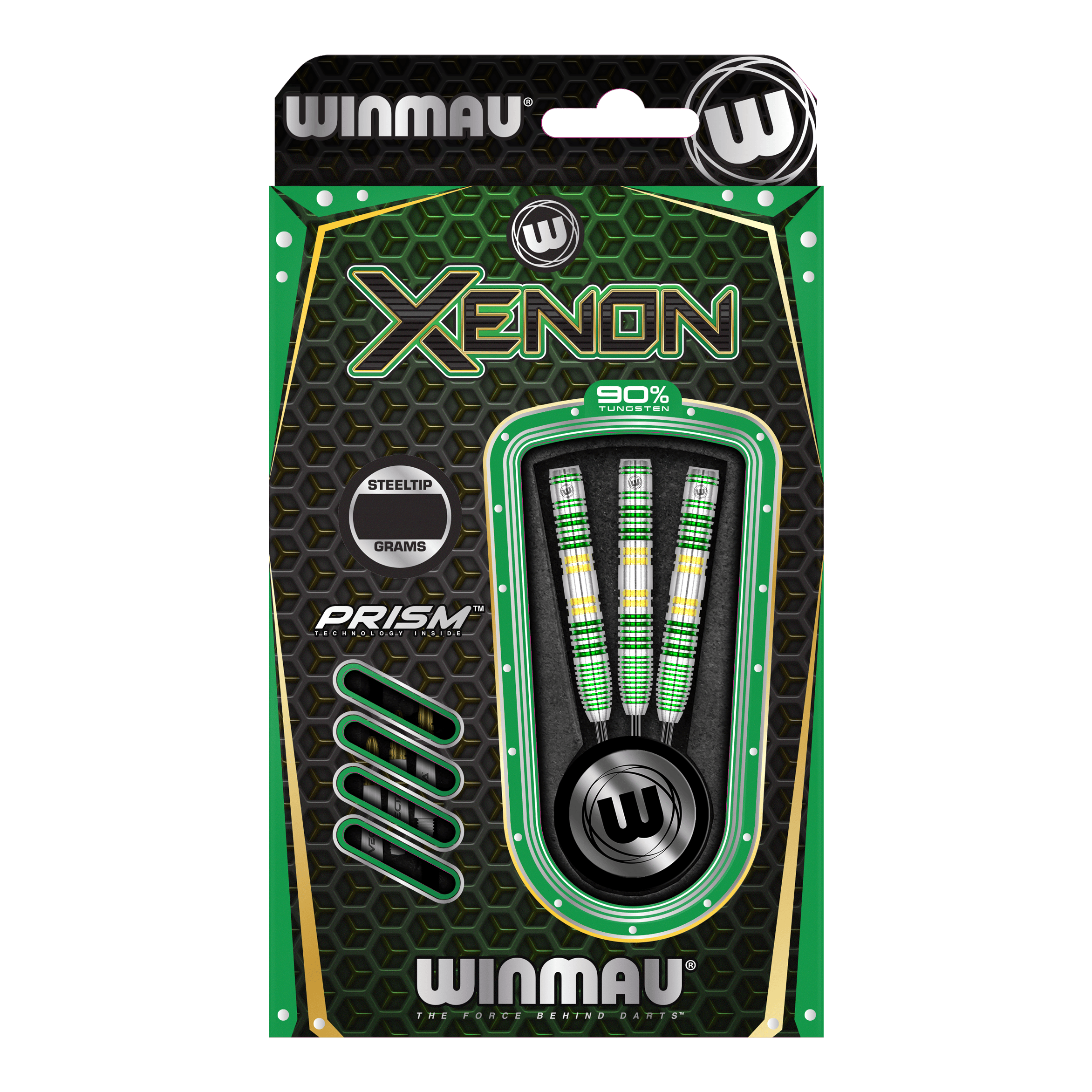 Dardos de acero Winmau Xenon Das Bild zeigt eine Packung Winmau Xenon Steeldarts. Die Verpackung ist überwiegend schwarz-grün und enthält drei Darts mit bunten Griffen.