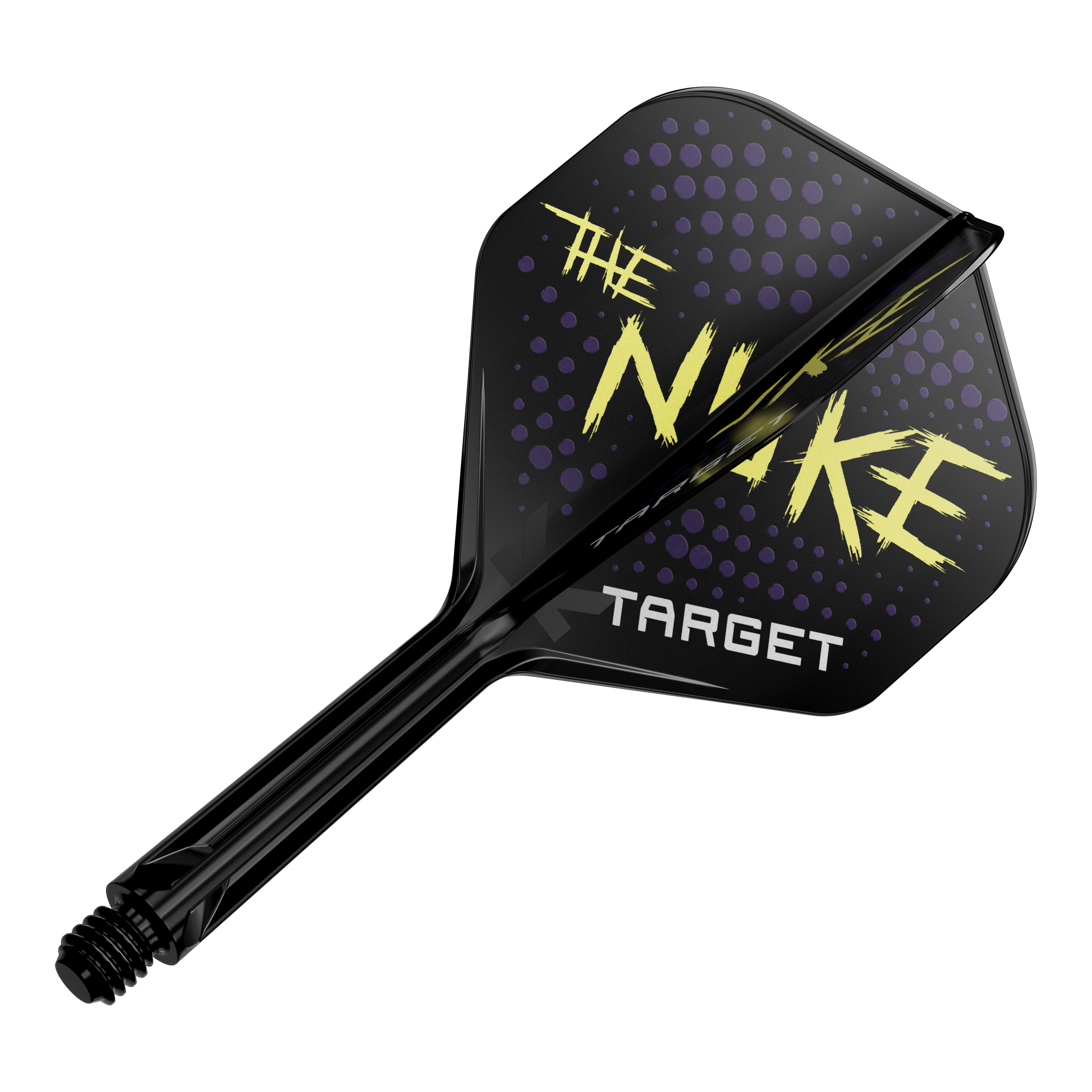 Das Bild zeigt einen schwarzen Dartflight mit dem Schriftzug "THE NUKE" und "TARGET" darauf. Der Hintergrund des Flights ist mit lila Punkten verziert.
