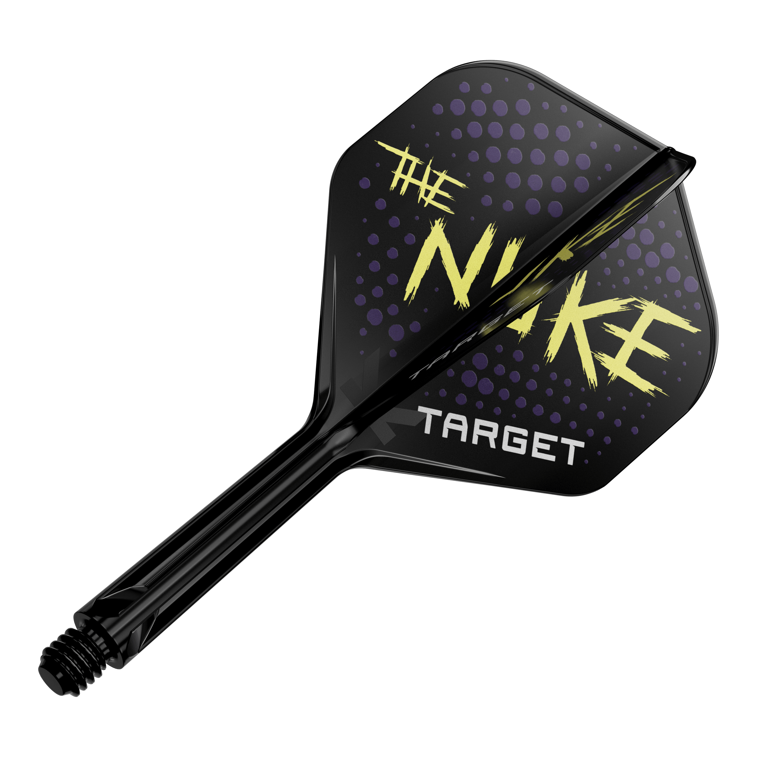 Sistema de vuelo estándar Target K-Flex Luke Littler Black No2 Das Bild zeigt einen schwarzen Dartflight mit dem Schriftzug "THE NUKE" und "TARGET" darauf. Der Hintergrund des Flights ist mit lila Punkten verziert.