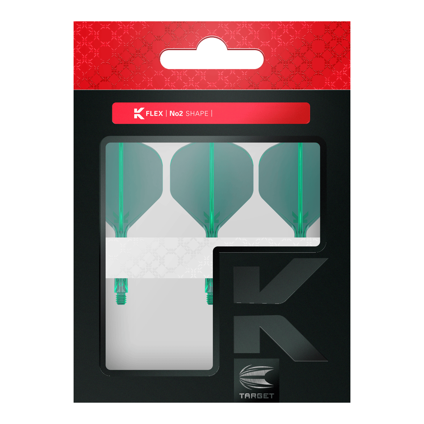 Sistema de vuelo estándar Target K-Flex No2 - Verde Dies ist eine Packung mit drei grünen Dartflights der Marke Target. Die Verpackung ist schwarz mit einem roten oberen Rand und einem Sichtfenster.