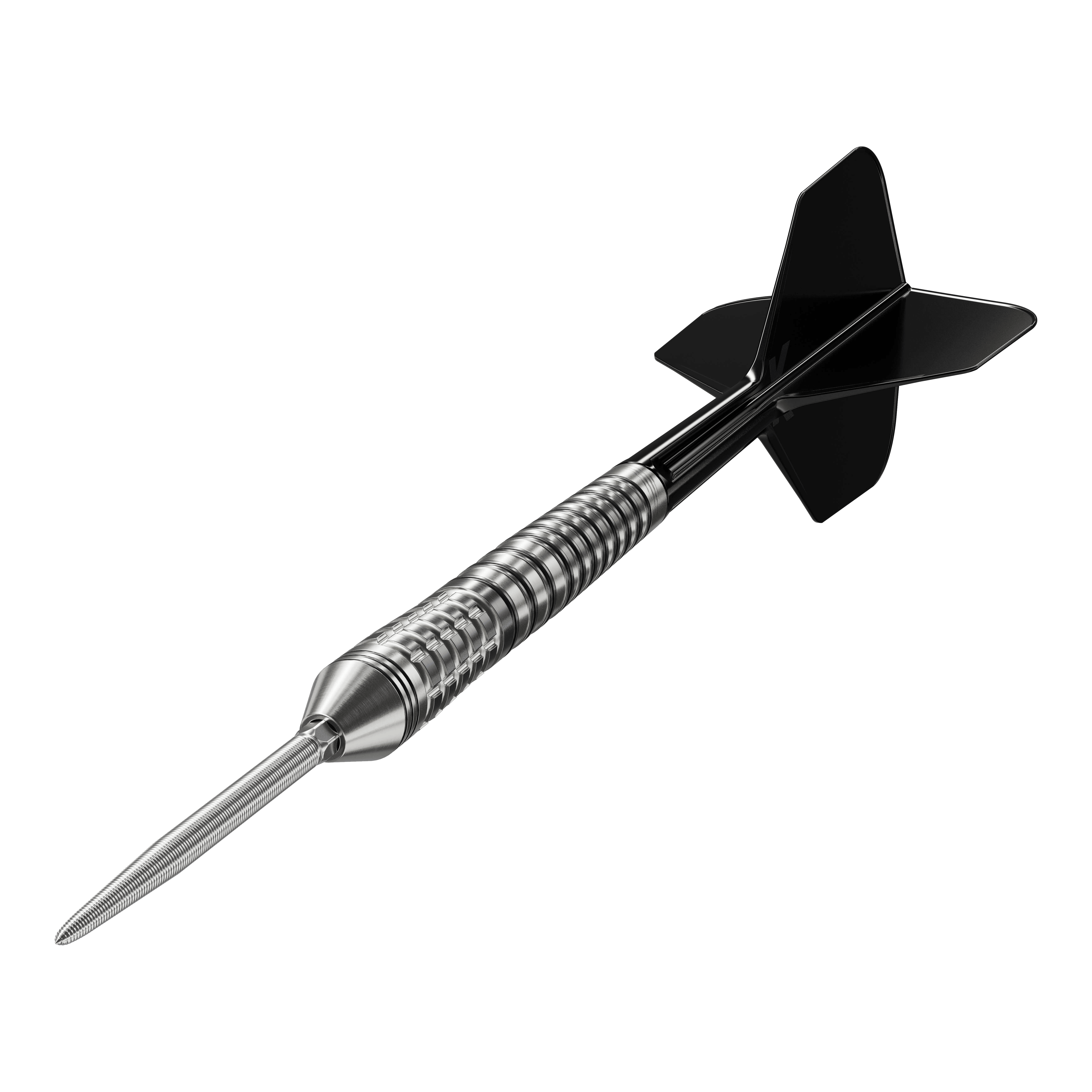 Dardos de acero Target Black Marque Renegade 4 Swiss Point Das Bild zeigt einen Target Black Marque Renegade 4 Swiss Point Steeldart. Der Dartpfeil hat eine silberne, gerillte Spitze und schwarze Flights.