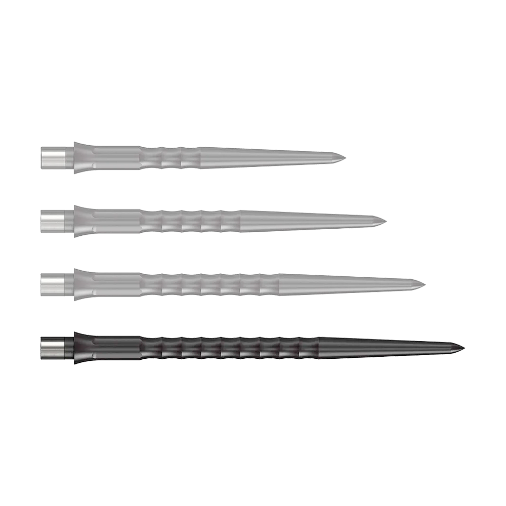 Puntas Steeldart del sistema Caliburn - Ondulada - Sin labio - Negras Abgebildet sind schwarze Steeldartspitzen des Caliburn Evo Systems mit 40 mm Länge. Die Steeldartspitze ist einzeln auf weißem Hintergrund zu sehen.