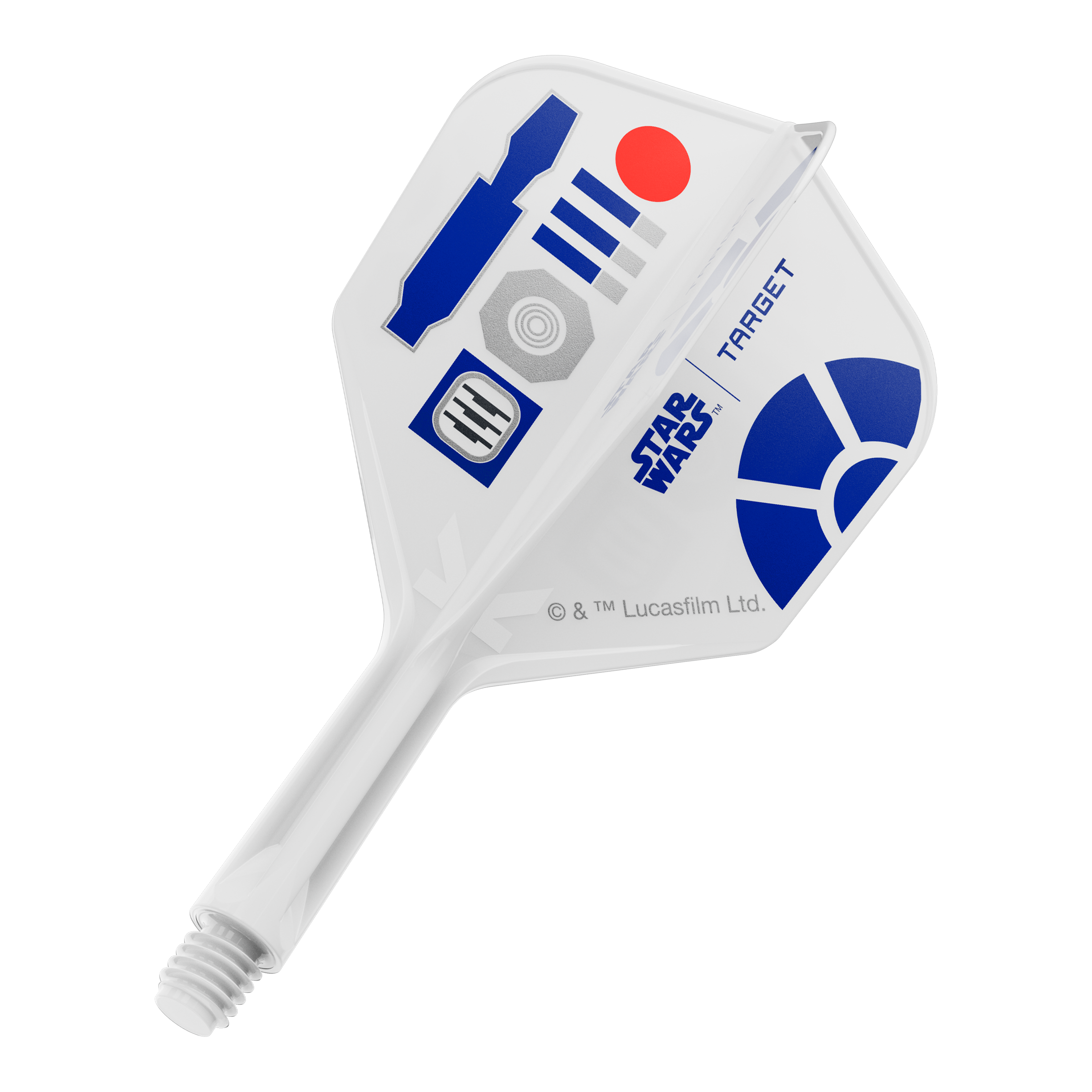 Vuelos Target Star Wars K-Flex R2D2 No6 Das Bild zeigt Dart-Flights mit einem R2D2 Motiv und der Bezeichnung 410510_Target_StarWars_KFlex_R2D2_No6_Flights_Short_19mm_1. Es handelt sich um kurze Dart-Flights im Star Wars Stil.