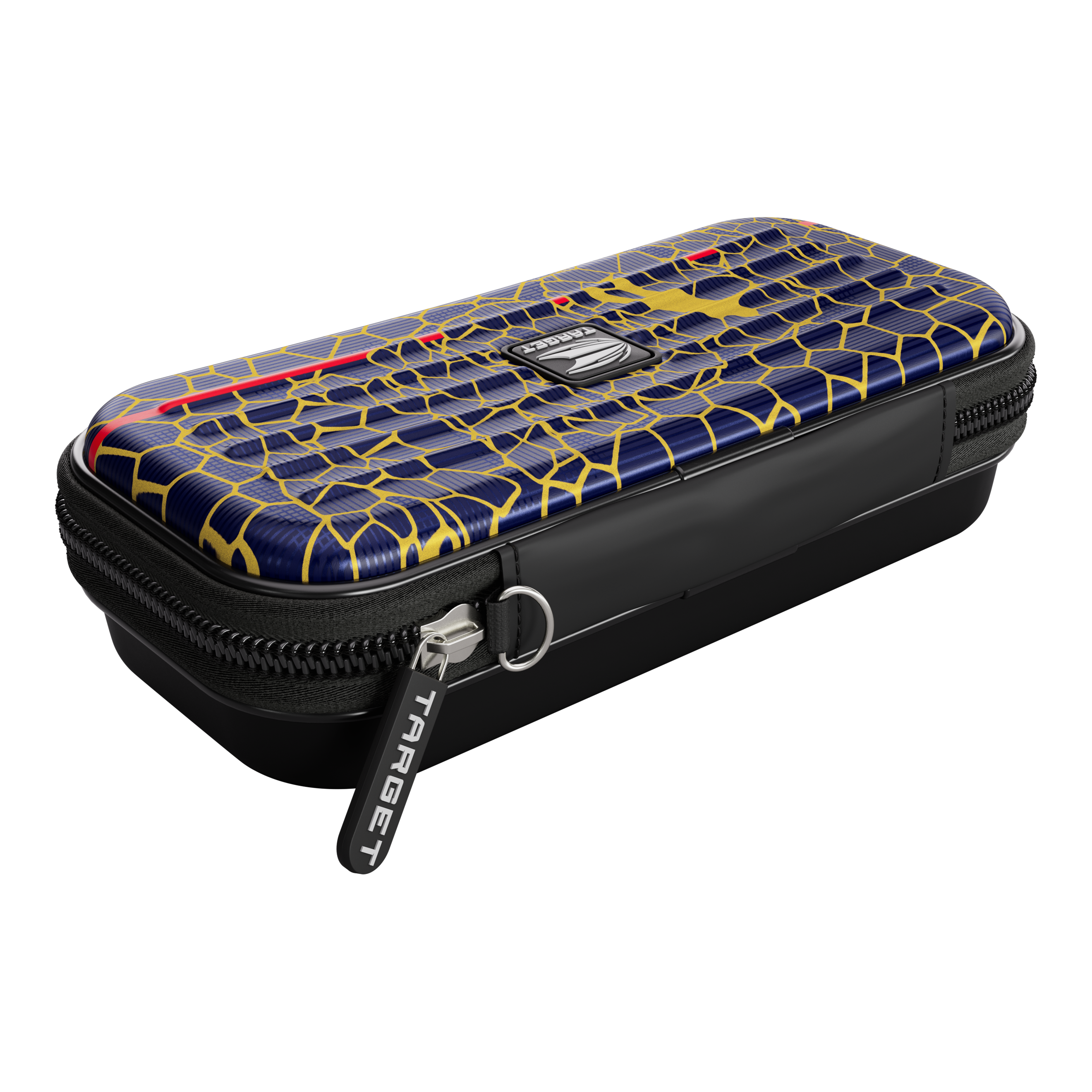 Estuche para dardos Target Takoma Josh Rock Das Bild zeigt ein Target Takoma Josh Rock Dartcase. Das Etui hat ein auffälliges Muster in Blau und Gelb mit einem schwarzen Reißverschluss.
