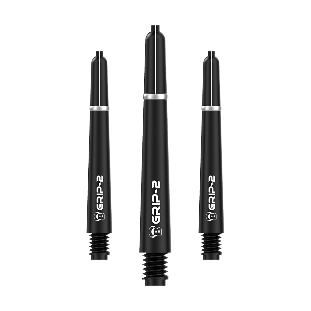 BS55061_Bulls_B-Grip-2_SL_Shafts_Schwarz_41mm_1 Das Bild zeigt drei schwarze Bulls B-Grip-2 SL Shafts für Darts. Sie sind in unterschiedlichen Längen angeordnet und haben eine weiße Beschriftung.