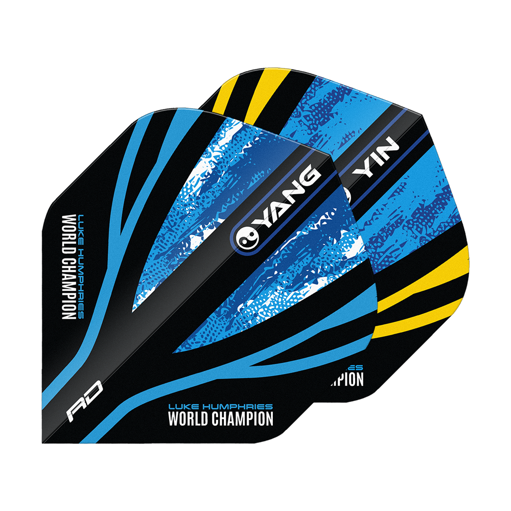 Dragón Rojo Luke Humphries Campeón Mundial Oro Azul Yin Yang Vuelos Estándar Das Bild zeigt die "Red Dragon Luke Humphries World Champion Blue Gold Yin Yang Standard Flights". Die Flights sind in Blau, Schwarz und Gelb gestaltet und tragen die Aufschrift "World Champion" sowie "YIN" und "YANG".