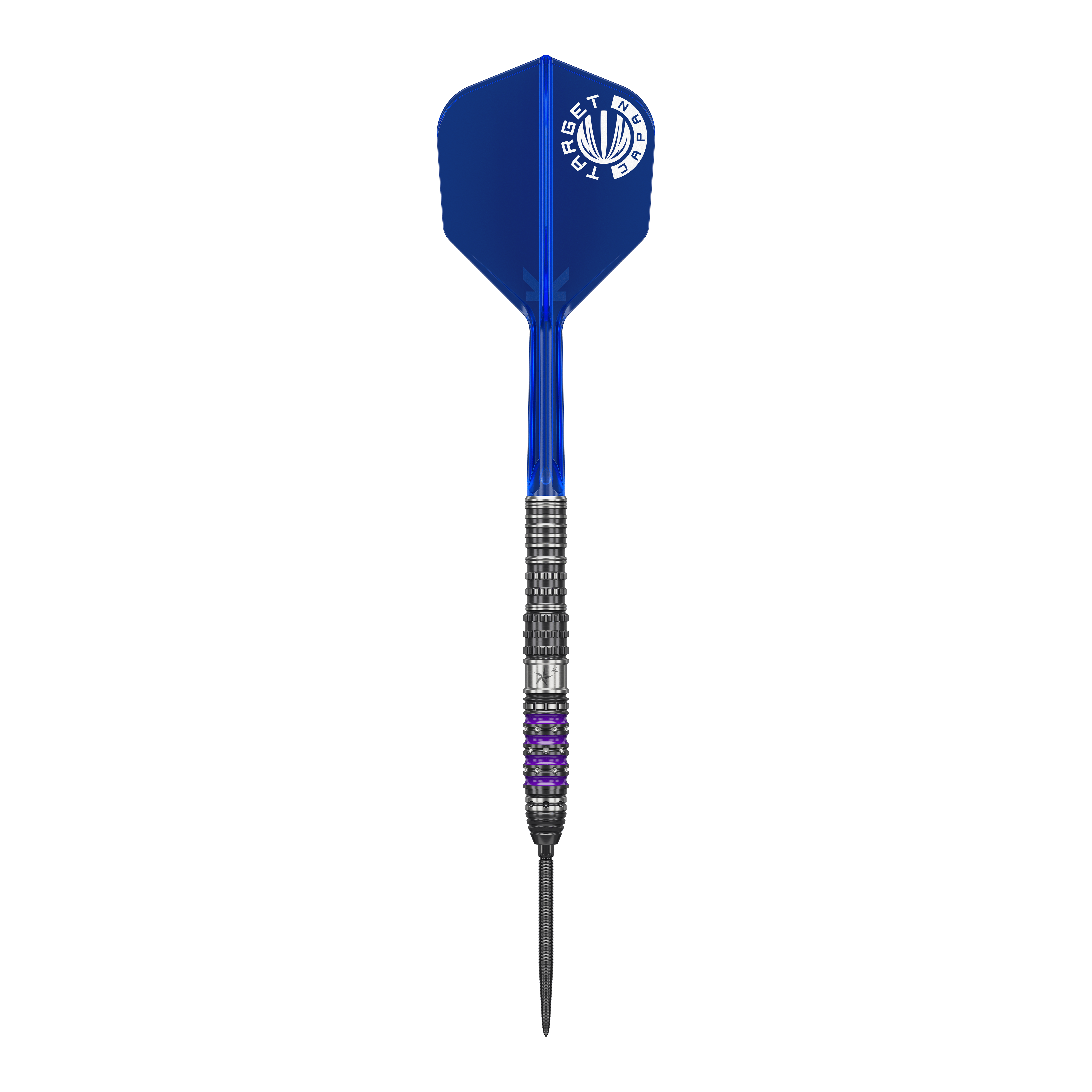 Dardos de acero Target Japan Prime Series Sirius GEN4 Swiss Point Das Bild zeigt einen Target Japan Prime Series Sirius GEN4 Swiss Point Steeldart. Der Dart hat eine blaue Flight mit weißem Logo und ein metallisches Barrel mit lilafarbenen Akzenten.