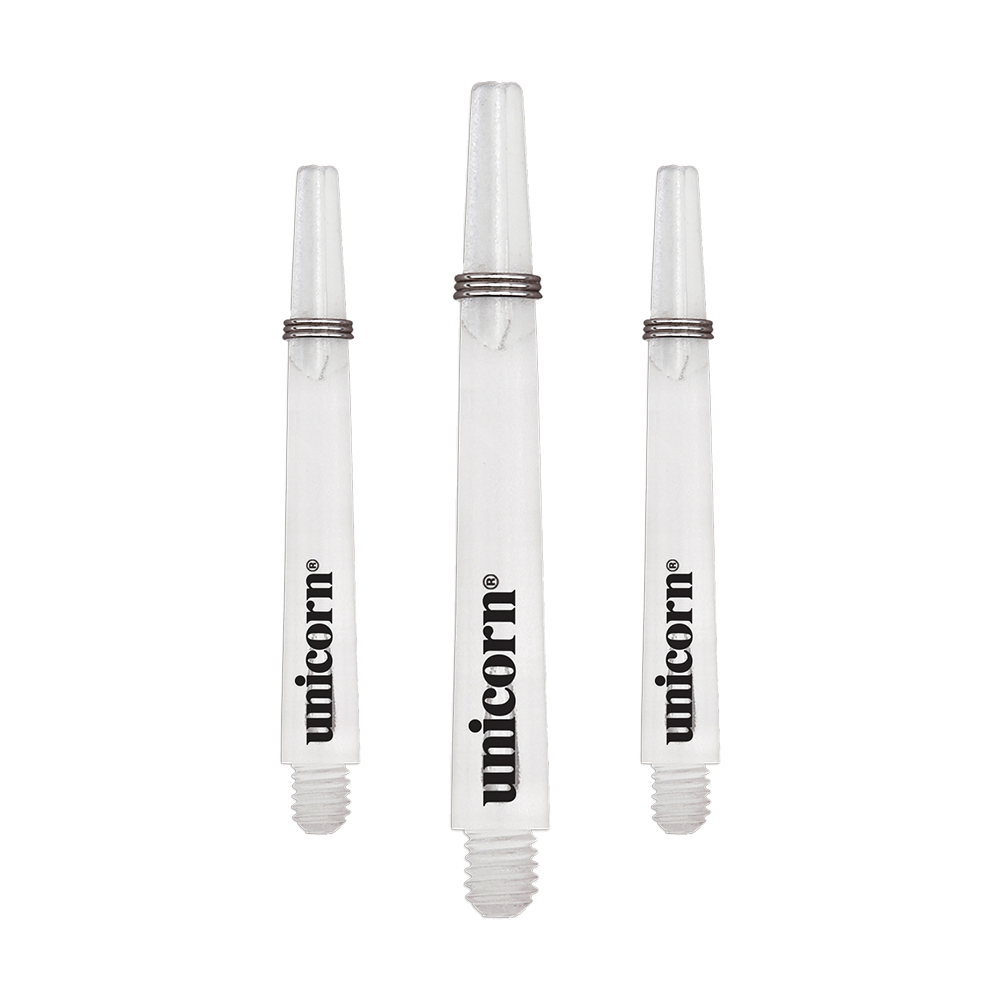 Mangos Unicorn Gripper 3 Mirage - Transparentes - 44,2 mm Das Bild zeigt drei transparente Unicorn Gripper 3 Mirage Shafts mit einer Länge von 44,2 mm. Auf jedem Schaft steht das Wort "unicorn" in schwarzer Schrift.