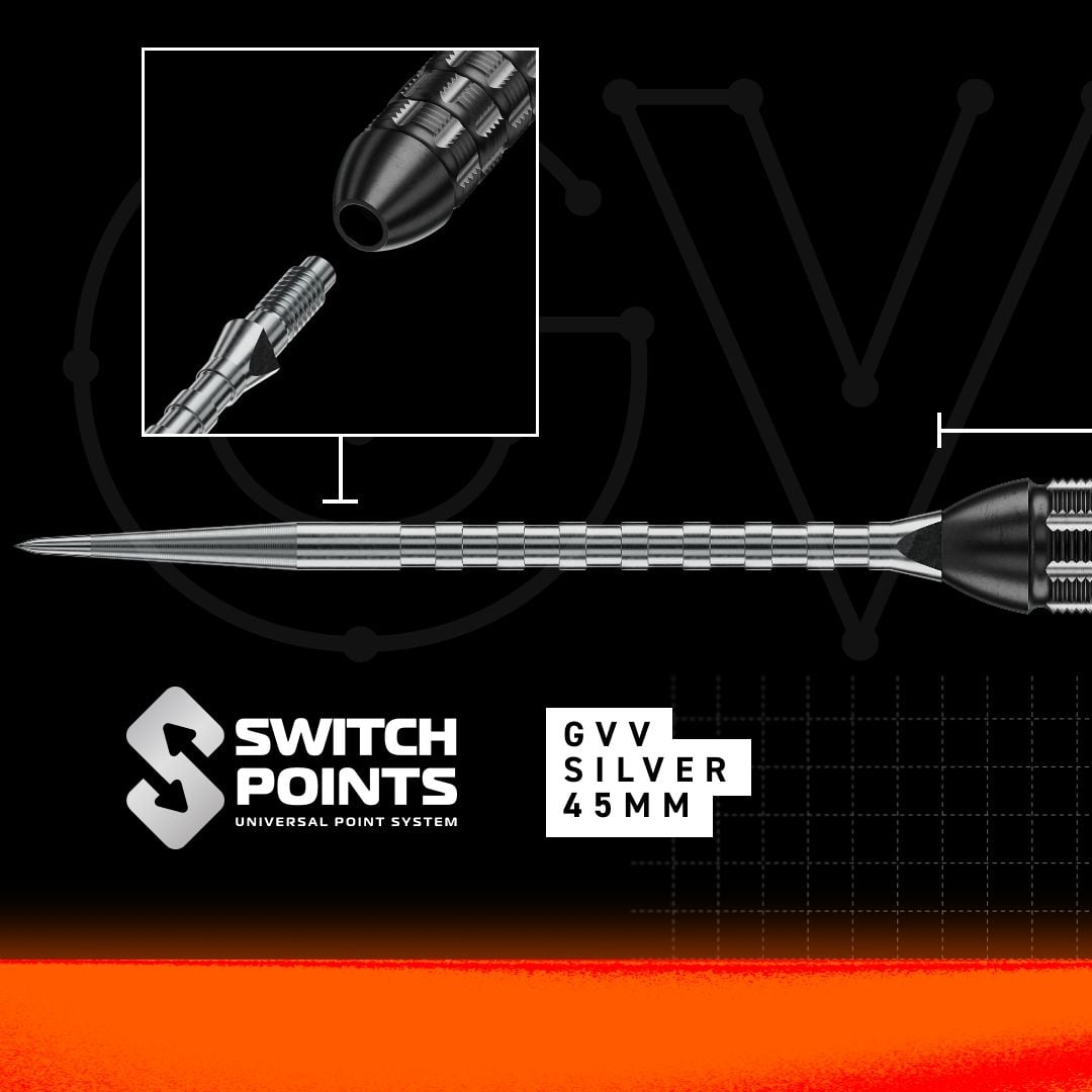 Dardos de acero Winmau Gian Van Veen TS-PRO Switch Point Das Bild zeigt die Winmau Gian Van Veen TS-PRO Switch Point Steeldarts. Die Darts liegen parallel zueinander und sind komplett zu sehen.