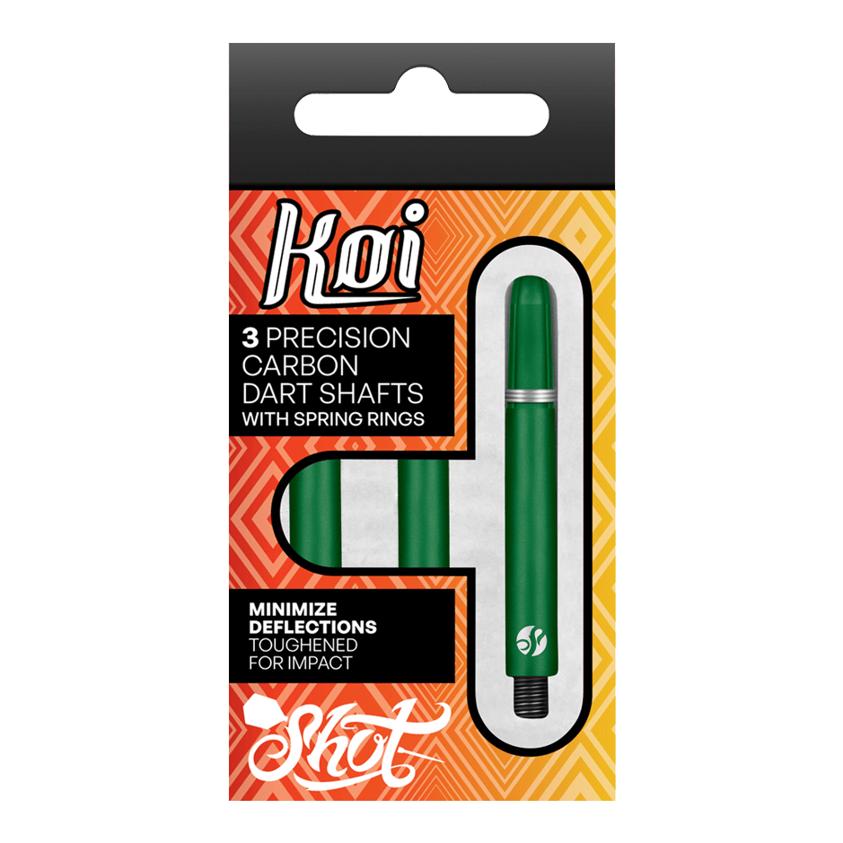 Flechas de carbono Shot Koi - Verde Die Verpackung zeigt drei grüne Präzisions-Carbon-Dartschäfte mit Federringen der Marke Koi. Sie sind darauf ausgelegt, Ablenkungen zu minimieren und sind für hohe Belastungen verstärkt.