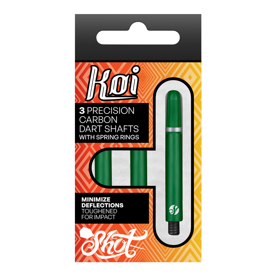 Flechas de carbono Shot Koi - Verde Vier Dart-Schäfte sind aufgereiht. Die Details der Schäfte sind klar und deutlich.