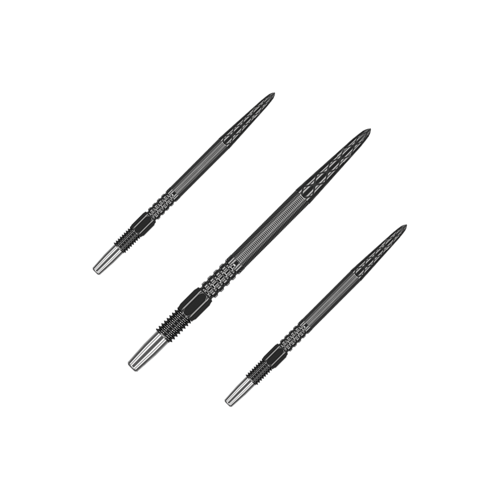 Puntas de dardos Target Swiss Point DX - Negro Das Bild zeigt drei schwarze Dartspitzen, die nebeneinander angeordnet sind. Sie haben ein geriffeltes Design und eine spitze Form.