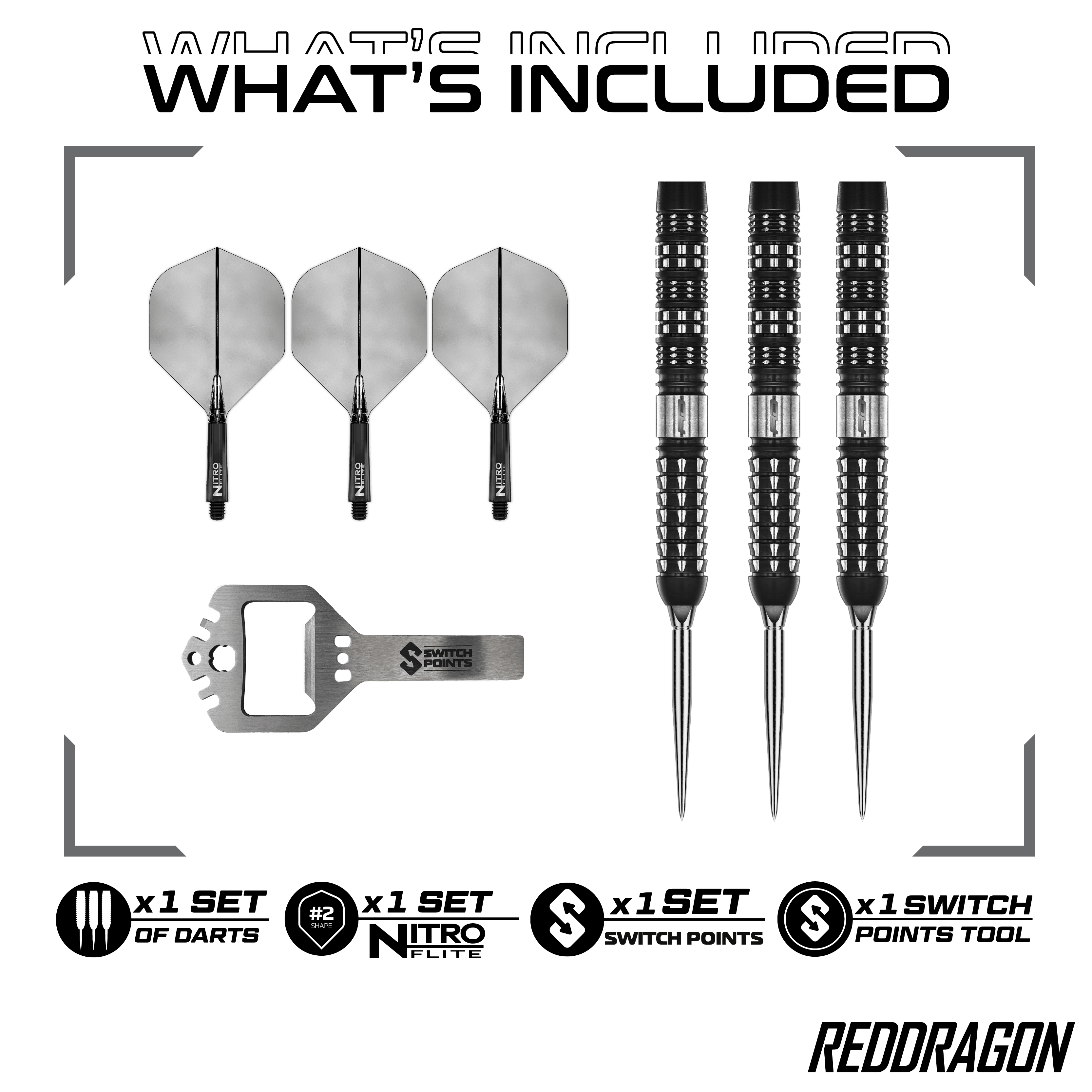 Das Bild zeigt Red Dragon Recon Parallel Steeldarts. Es handelt sich um hochwertige Steeldarts mit einem modernen Design.