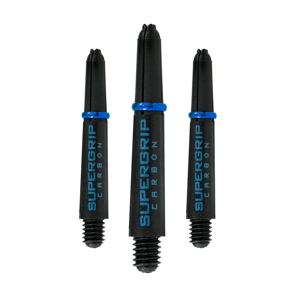 HR363_Harrows_Supergrip_Carbon_Shafts_Aqua_33mm_1wR71flaYlFaPR Das Bild zeigt drei Harrows Supergrip Carbon Shafts in der Farbe Aqua. Die Dartschäfte sind schwarz mit blauer Aufschrift und einem blauen Ring.