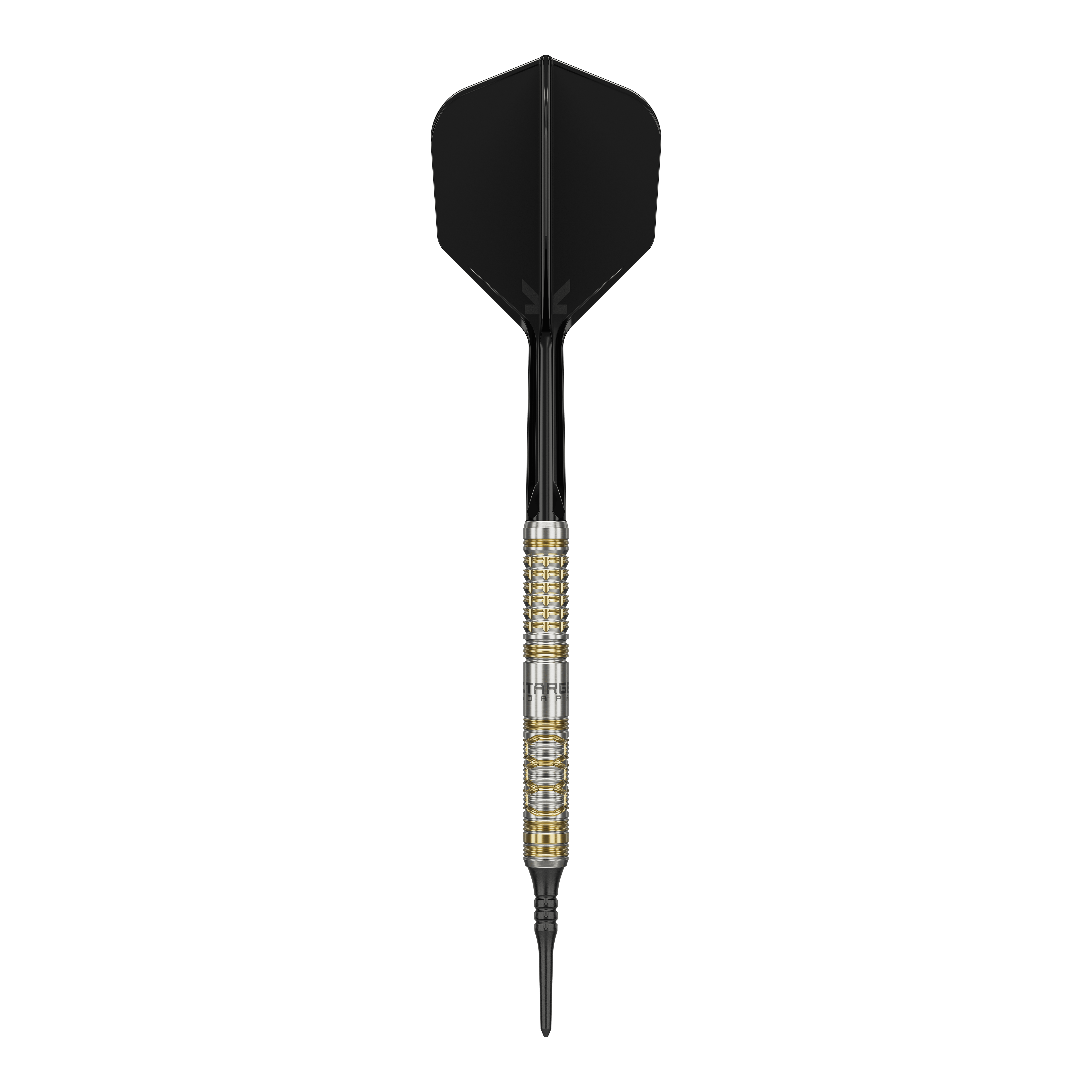 Dardos blandos Target Japan Black Marque Reyn GEN2 - 17,5 g Auf dem Bild ist ein Softdartpfeil des Modells "Target Japan Black Marque Reyn GEN2 Softdarts - 17,5g" zu sehen. Er hat eine silberne und goldene Griffzone sowie schwarze Flights und Spitze.