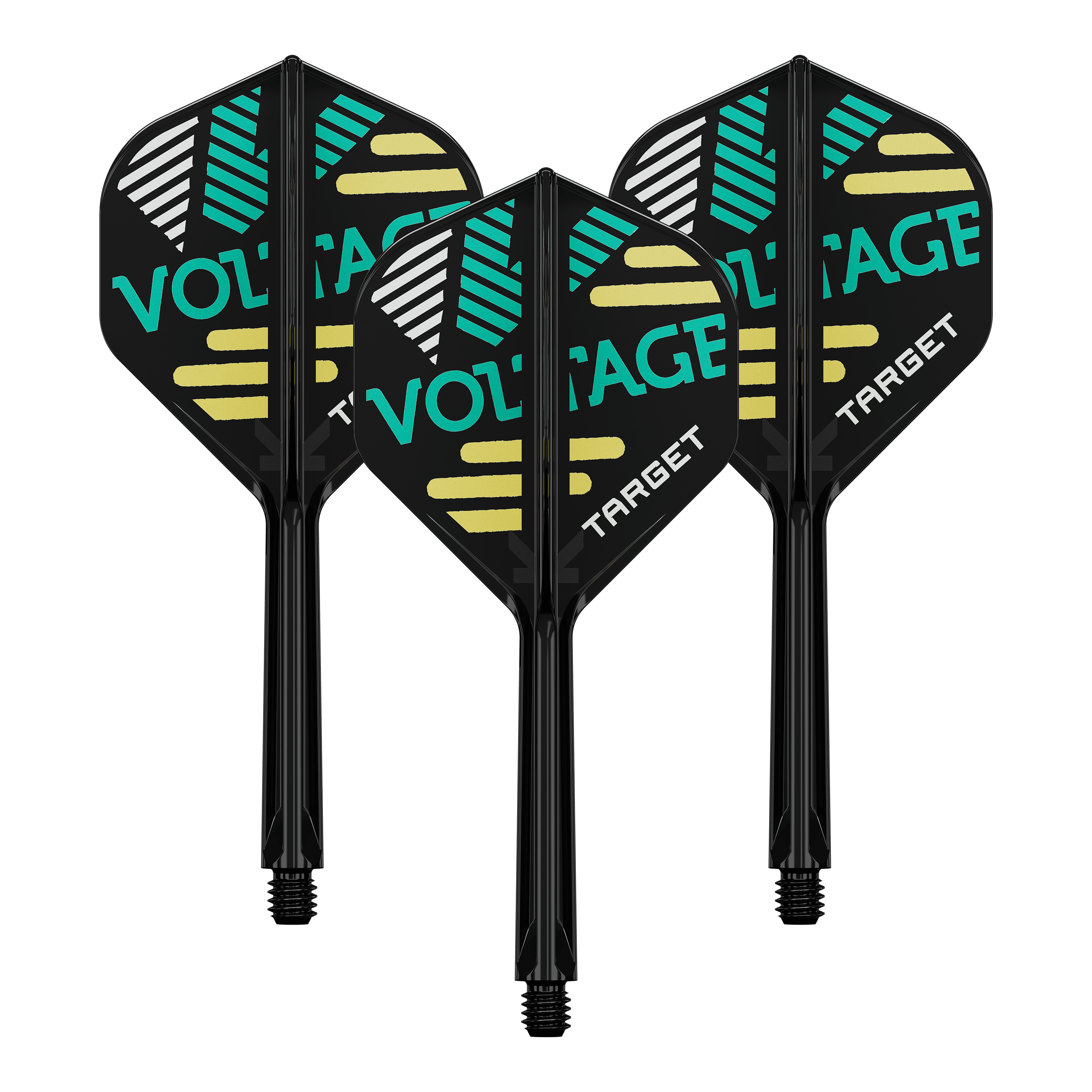 Sistema de eje de vuelo estándar Target K-Flex Rob Cross No2 Auf dem Bild sind drei Dart-Flights mit Schäften zu sehen. Die Flights sind schwarz und tragen die Aufschrift "VOLTAGE" und "TARGET" in grüner und weißer Farbe.