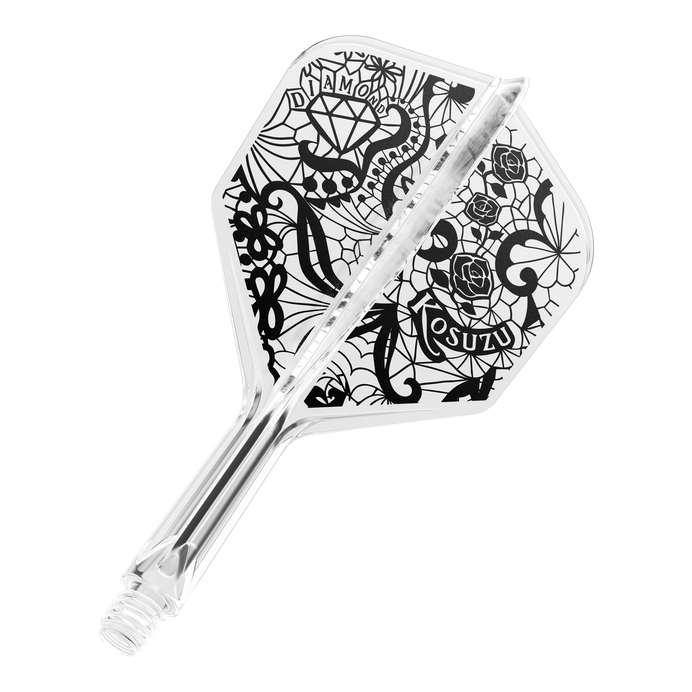 Dies ist ein klarer Dartflight mit einem schwarzen, kunstvollen Design, das Rosen, ein Diamant und Netzmuster zeigt. Das System ist einteilig und hat ein Schraubgewinde am Ende.