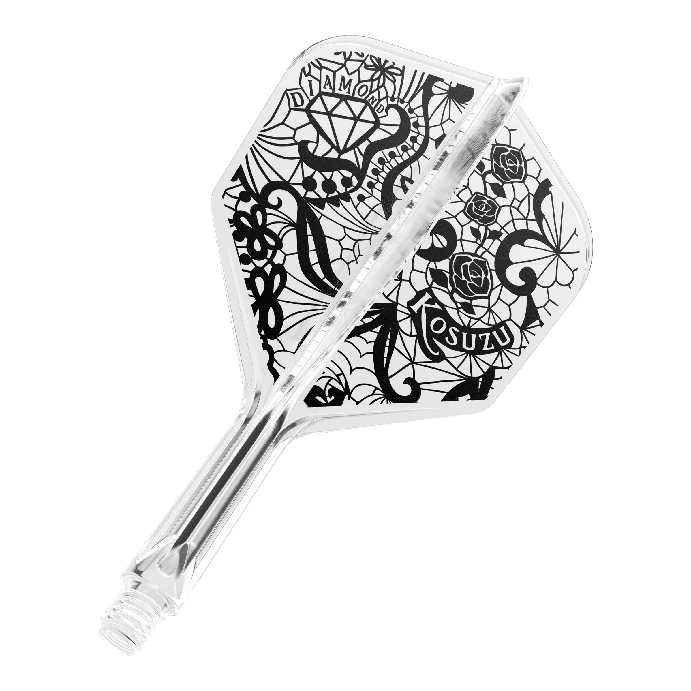 Sistema de eje de vuelo Target Japan K-Flex Diamond No6 Dies ist ein klarer Dartflight mit einem schwarzen, kunstvollen Design, das Rosen, ein Diamant und Netzmuster zeigt. Das System ist einteilig und hat ein Schraubgewinde am Ende.