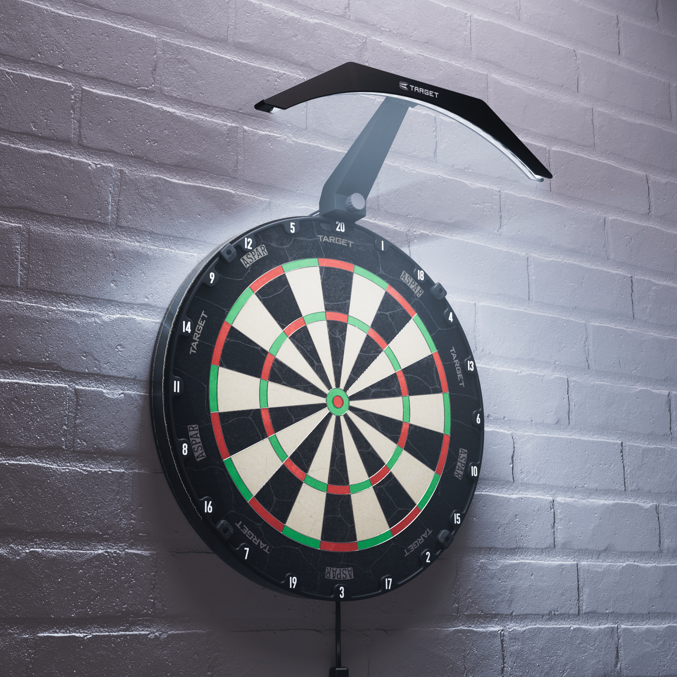 Iluminación para diana Target ARC V2 Das Bild zeigt eine Dartboard-Beleuchtung namens "Target ARC V2", die über einem Dartboard an der Wand montiert ist. Das Licht leuchtet das Dartboard gleichmäßig aus und sorgt für eine klare Sicht auf die Felder.