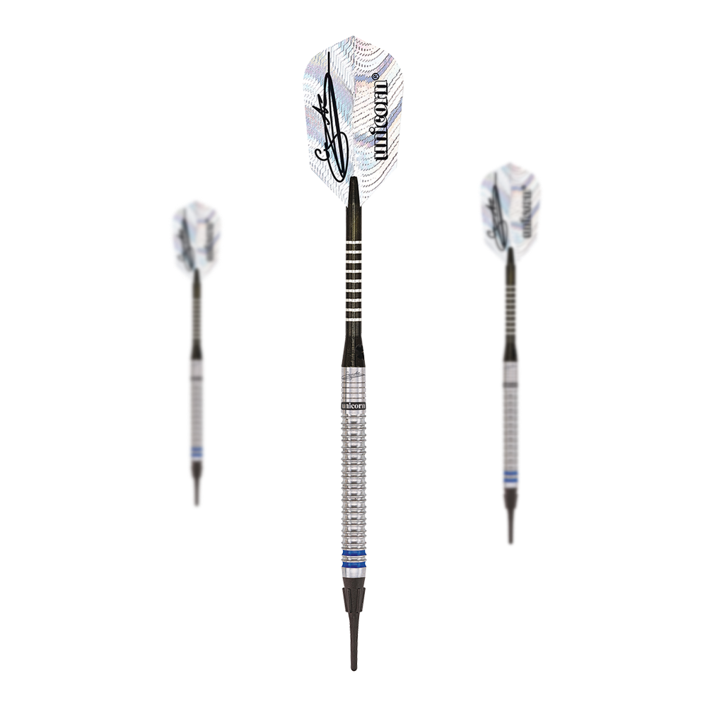 Dardos blandos Unicorn World Champion Natural Phase 3 Gary Anderson - 18 g Das Bild zeigt drei Unicorn World Champion Natural Phase 3 Gary Anderson Softdarts mit einem Gewicht von 18g. Die Darts haben silberne Griffe und weiße Flights mit einer Unterschrift und dem Unicorn-Logo.