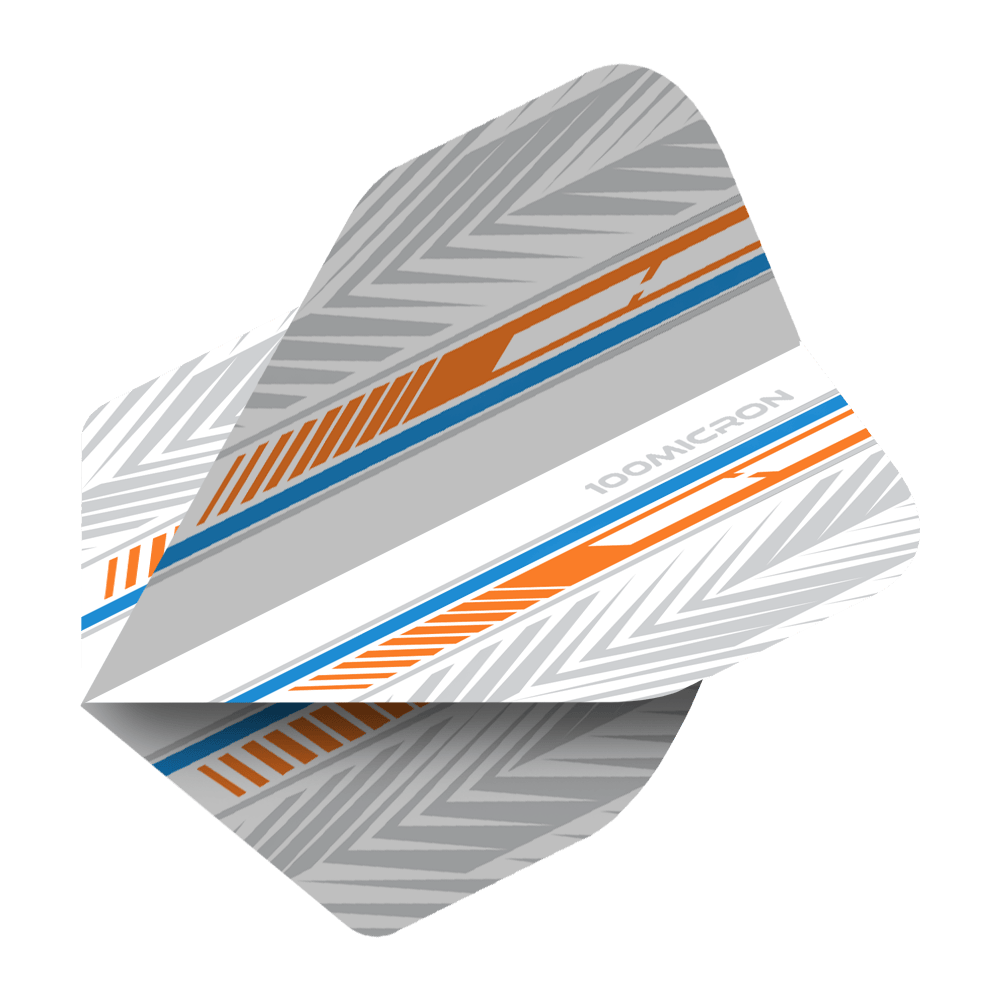Vuelos de pentatlón blanco/naranja/azul Das Bild zeigt ein Pentathlon Standard Dartflight in den Farben Weiß, Orange und Blau. Das Flight hat ein modernes, grafisches Muster mit der Aufschrift "100 MICRON".