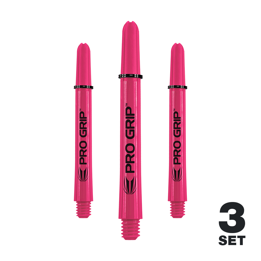 Varillas Target Pro Grip - 3 juegos - Rosa Das Bild zeigt drei pinke Pro Grip Shafts für Dartpfeile. In der rechten unteren Ecke steht "3 SET".