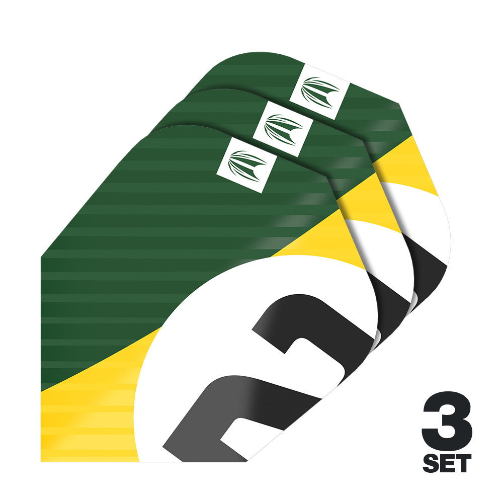 Plumas Target Pro Ultra Chicane Green Ten-X - 3 juegos Das Bild zeigt drei Dart-Flights im grünen, gelben und weißen Design. Unten rechts steht "3 SET", was auf drei Sets hinweist.
