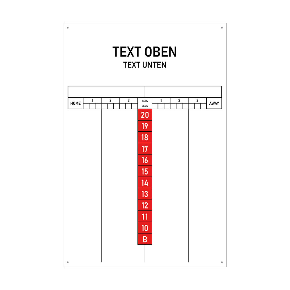 INSCORE1_Scoreboard_mit_Wunschdruck_40x60cm_Rot_1 Das Bild zeigt ein Scoreboard mit individuellen Druckmöglichkeiten in der Größe 40 x 60 cm. In der Mitte sind rote Zahlen von 20 bis 10 sowie ein Feld mit "B" angeordnet, und oben gibt es Platz für eigenen Text.