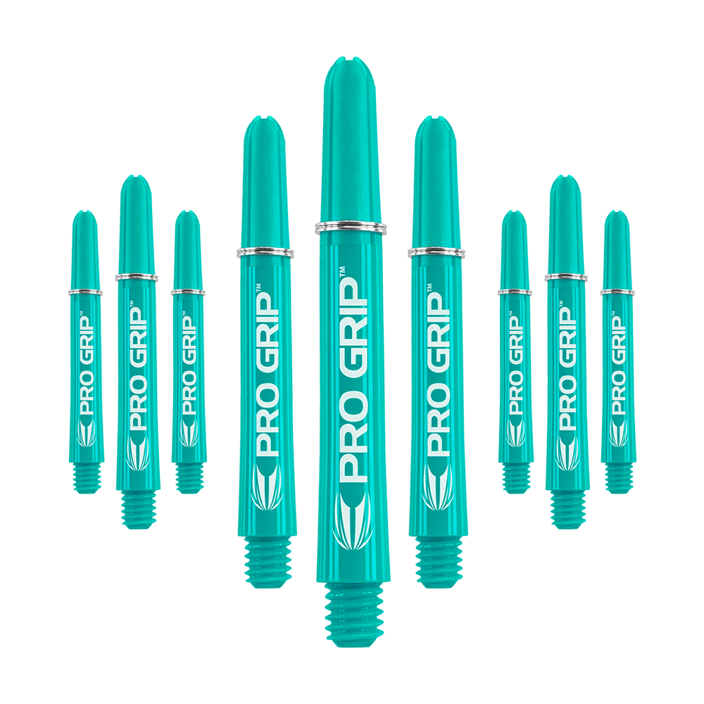 Varillas Target Pro Grip - 3 juegos - Aqua Das Bild zeigt neun aqua-farbene Dartschäfte mit der Aufschrift "PRO GRIP". Sie sind in drei Reihen angeordnet und haben ein einheitliches Design.